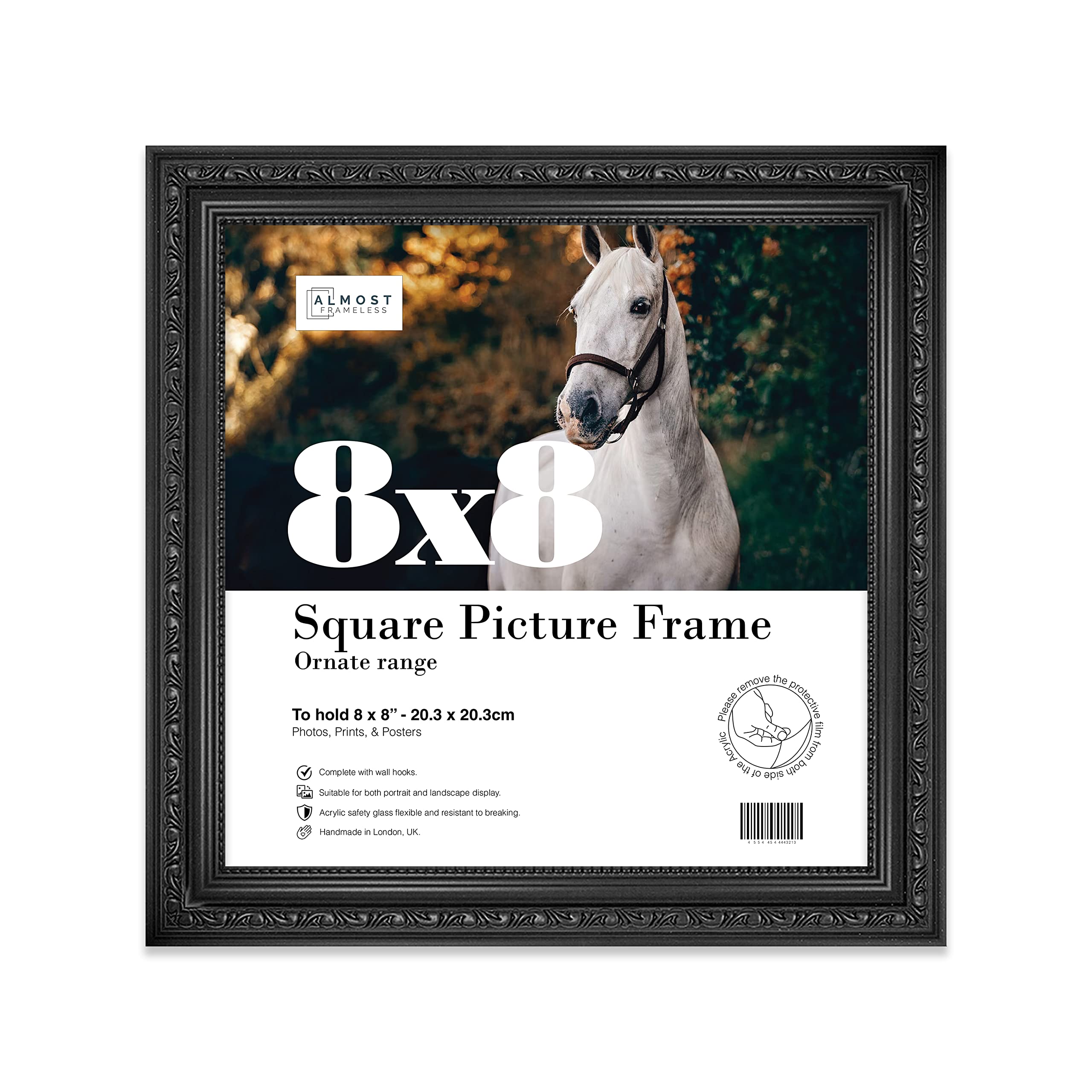 Almost Frameless 8x8 Black Ornate Picture Frame 8"x8" (20.3x20.3cm) Poster, Photo, Artwork, or Print. Elegant Style Portrait and Landscape Display with Wall Hooks