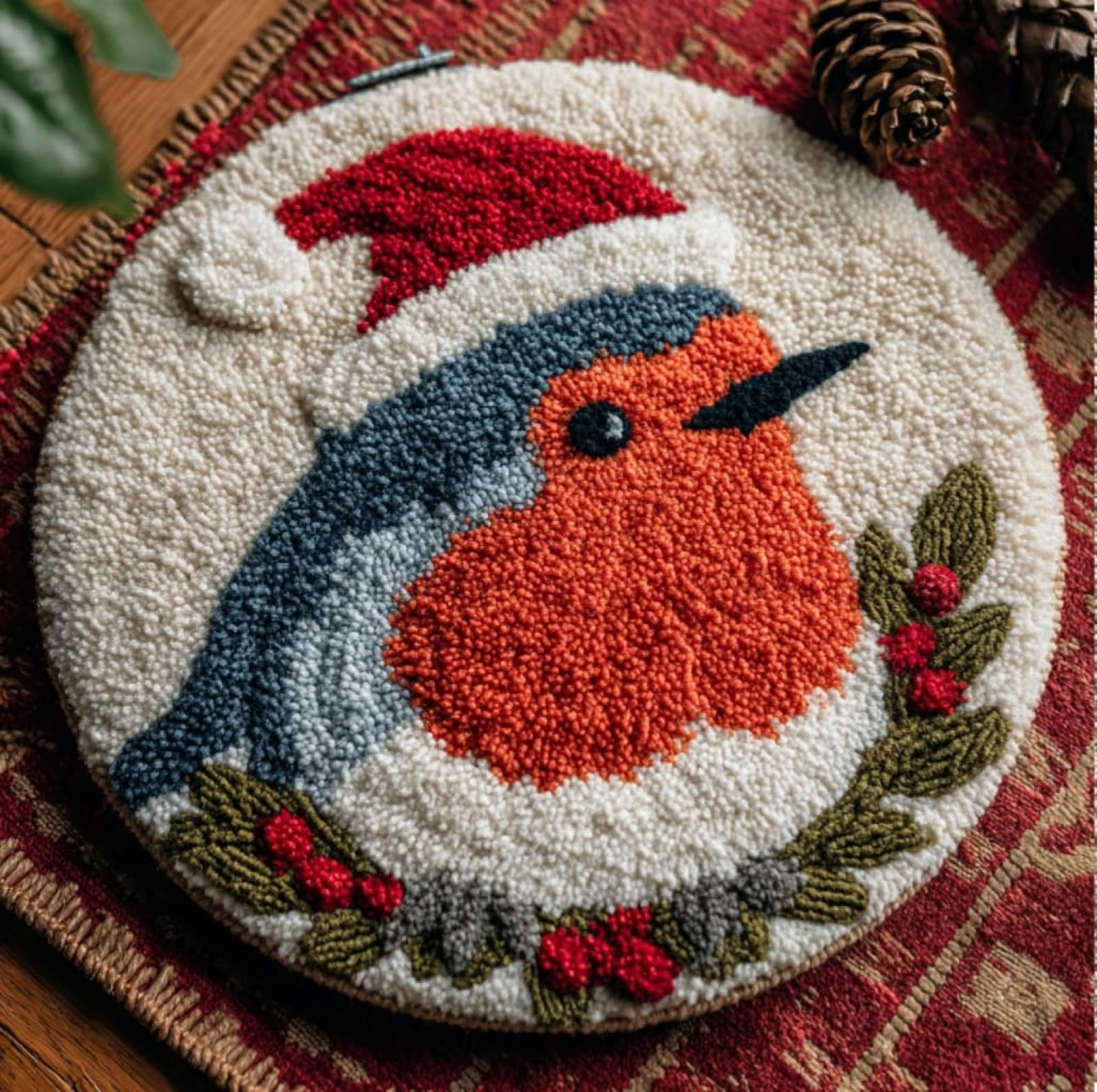WallustrioaW Latch Hook Rug Kits for Adults Kids Beginners,Robin Christmas,DIY Crochet Rug Making Kit with Printed Patterns Canvas Yarn Carpet Crafting Arts,50x50cm
