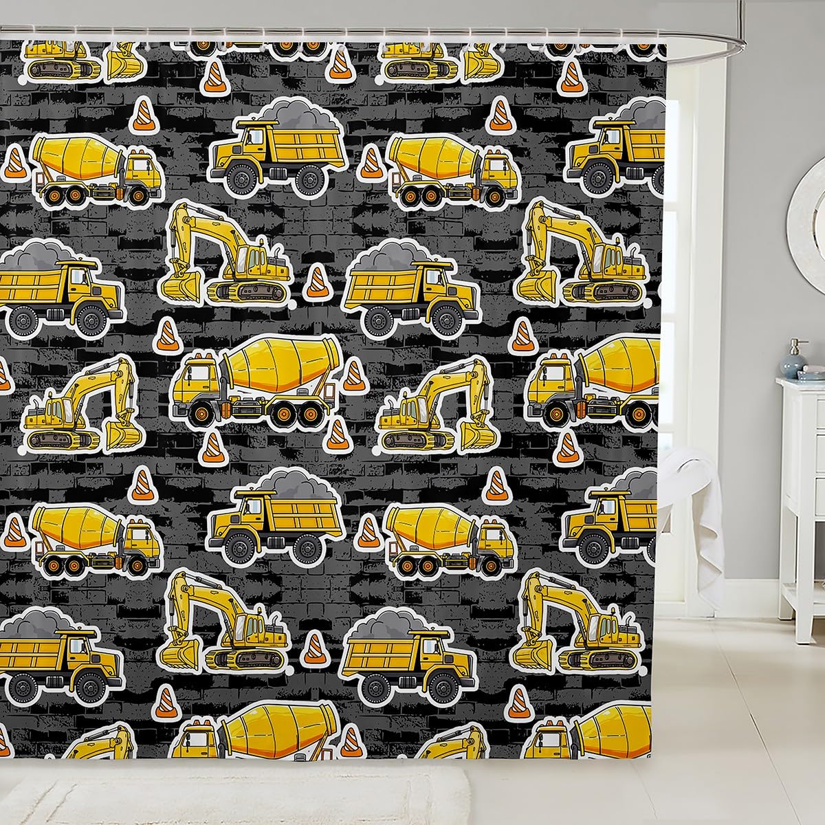 Erosebridal Excavator Bath Curtain, Concrete Truck Shower Curtain, Child Teens Construction Bathroom Shower Curtain for Kids Boys, Cartoon Toy Cars Bathroom Set, Grey,Machine Washable 72" W x 84" L