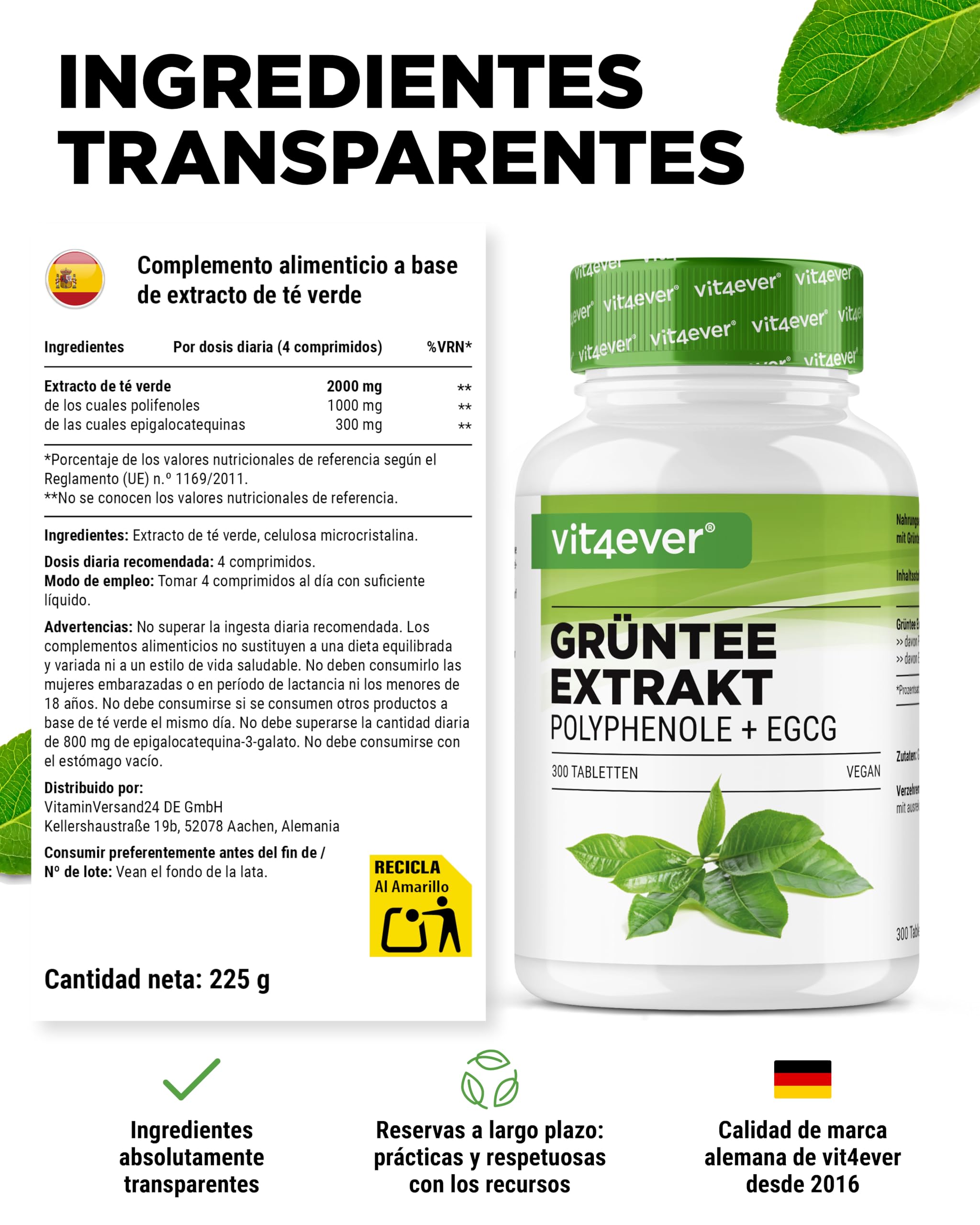 Extracto de Té Verde 300 Comprimidos - Alta Dosis con 2000 mg de Extracto de Té Verde, 300 mg de EGCG y 1000 mg de Polifenoles por Dosis diaria - Green Tea - Vegano - Sin aditivos innecesarios