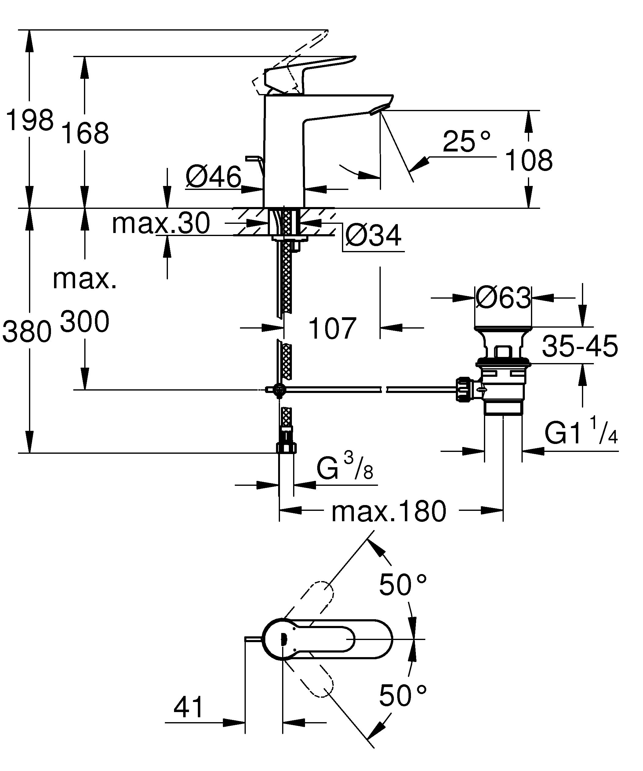 GROHE 20422000, M Size, mitigeur lavabo avec tirette, 23758000