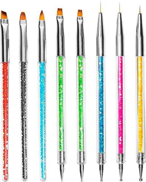 HOMEREVEL- 8 Pcs Nail Art Brushes Double Sided Nail Art Pens with Glitter Handle for Dotting Painting and Designing of Nails- Elegant Look Acrylic Nail Brushes