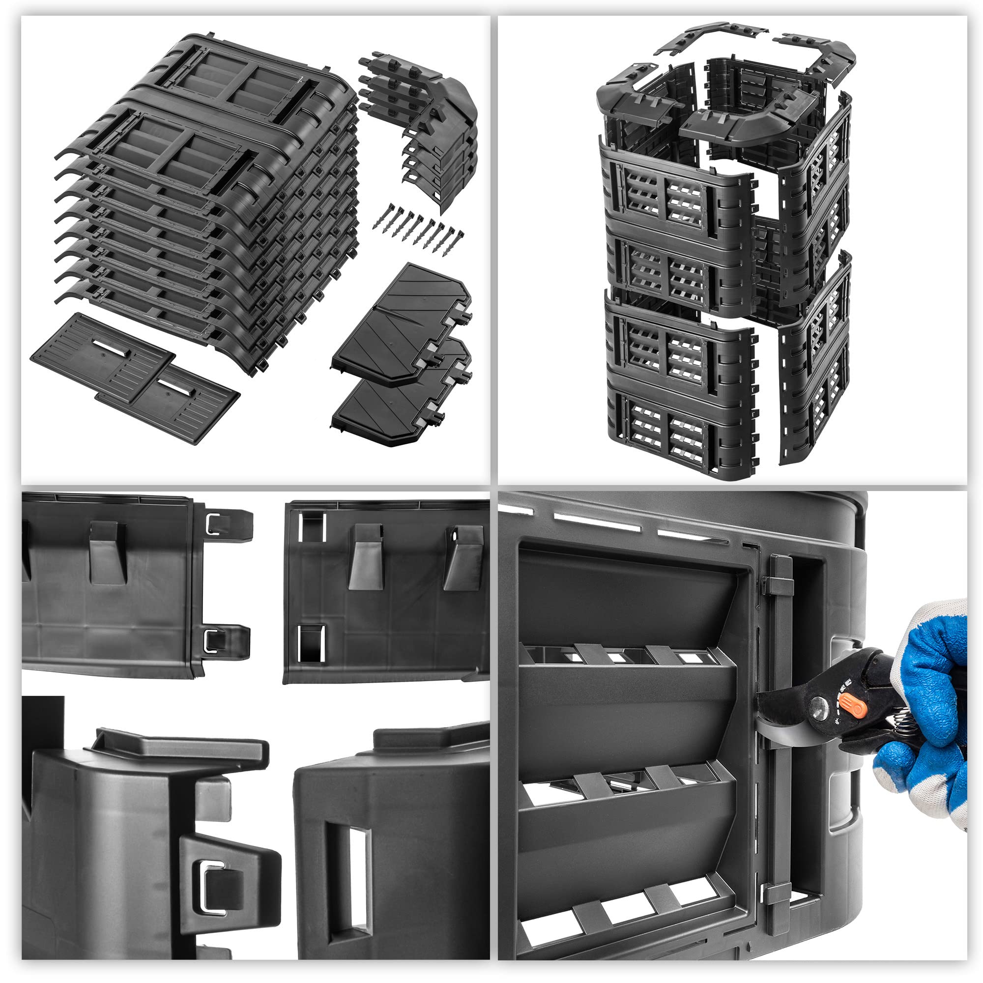 KADAX Compostador de plástico rápido, compostador con botones a presión, compostador térmico negro con tapa plegable (1260 L)