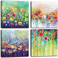 Framed Flowers Bathroom Canvas Wall Art - Colorful Floral 4-Panel Print Modern Decor for Bedroom, Living Room, Office 12x12