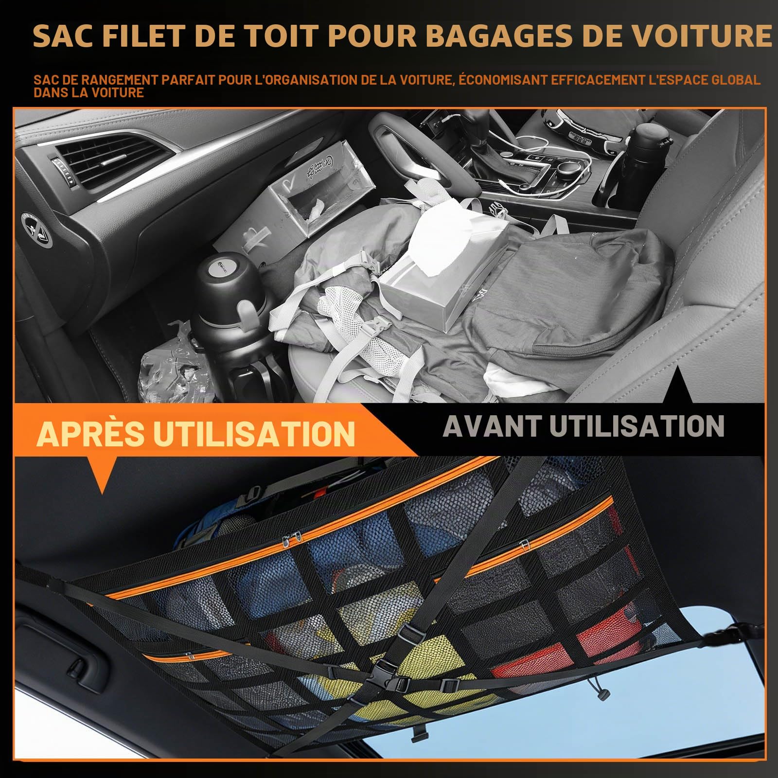 Filet de Rangement pour Toit de Voiture, Filet Plafond 90x65 cm | Organiseur Élastique en Maille avec Sangles Réglables et Poches Zippées, Grand Sac Universel pour Voiture, SUV, Van