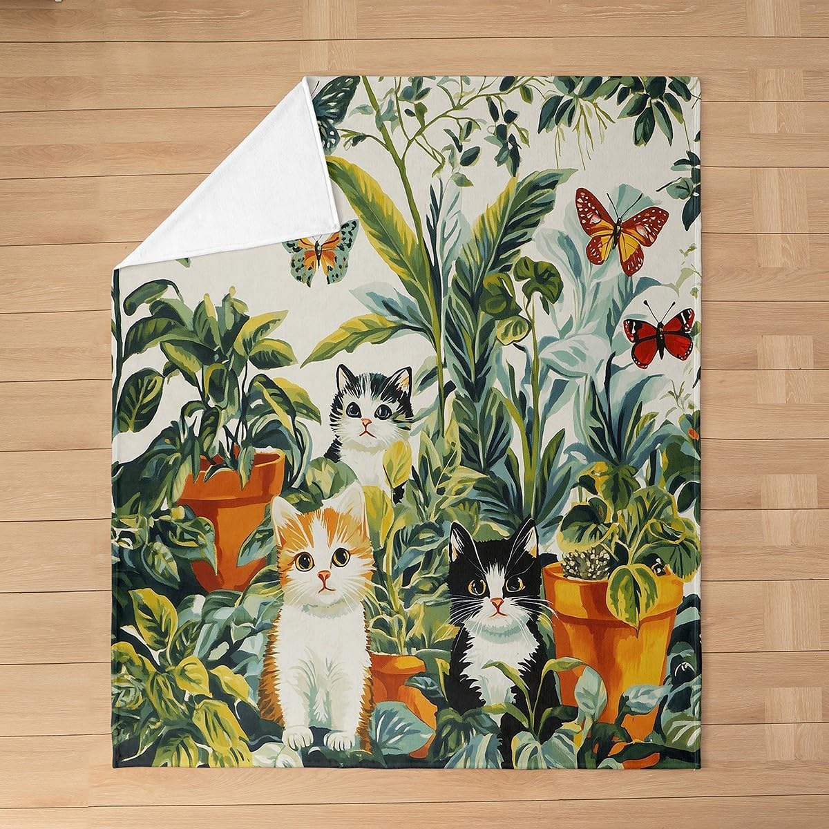 Kawaii Cats Fleece Blankets,Cartoon Kitten Pet Animal Garden Bed Blanket for Kids Teens,Rustic Green Botanical Potted Plants Leaves Flannel Blanket for Room Decor,Queen 90"x90"