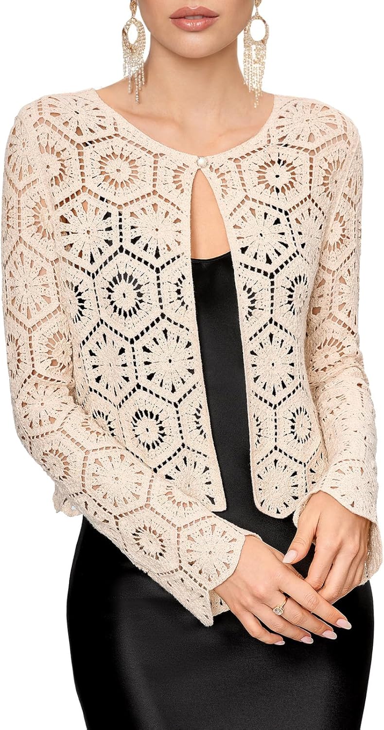 FAIRY SEASON Women's One-Button Crochet Cardigan with Golden Thread, Vintage Cropped Hollow Out Knit Shrug for Formal Events
