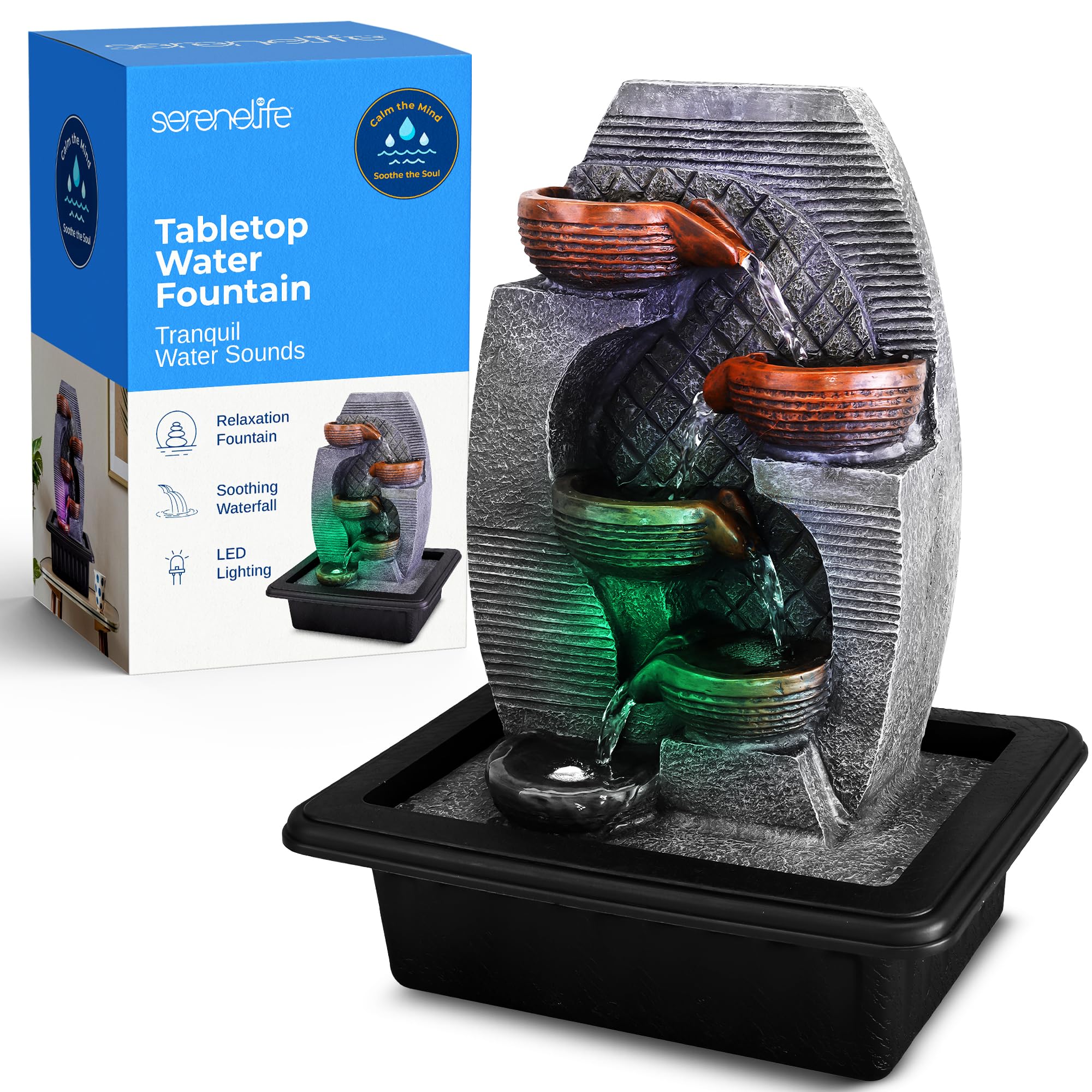 SereneLife Tabletop Water Fountain, Home Decor Soothing Sound Machine with Automatic Pump, Zen Relaxing Decor for Meditation, 15.7" Tall