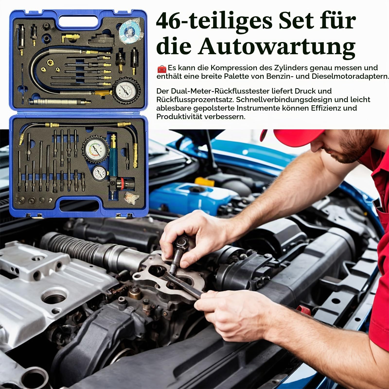 Kompressionstester, 46-tlg Kompressionsprüfer Diesel Benzin Kompressionstester Druckverlust Tester Motoren Prüfer Kompatibel mit Diesel Benzinmotore