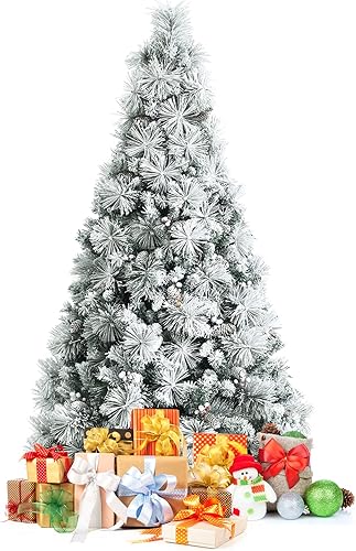 Miniatura 1 de COSTWAY Puntas de purpurina para árbol de Navidad flocadas de 7 pies con cono de pino y bayas rojas