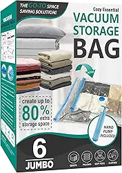 6 sacos jumbo de armazenamento a vácuo, sacos de armazenamento de compressão para edredons e cobertores, sacos seladores a vácuo para armazenamento de roupas, bomba manual incluída