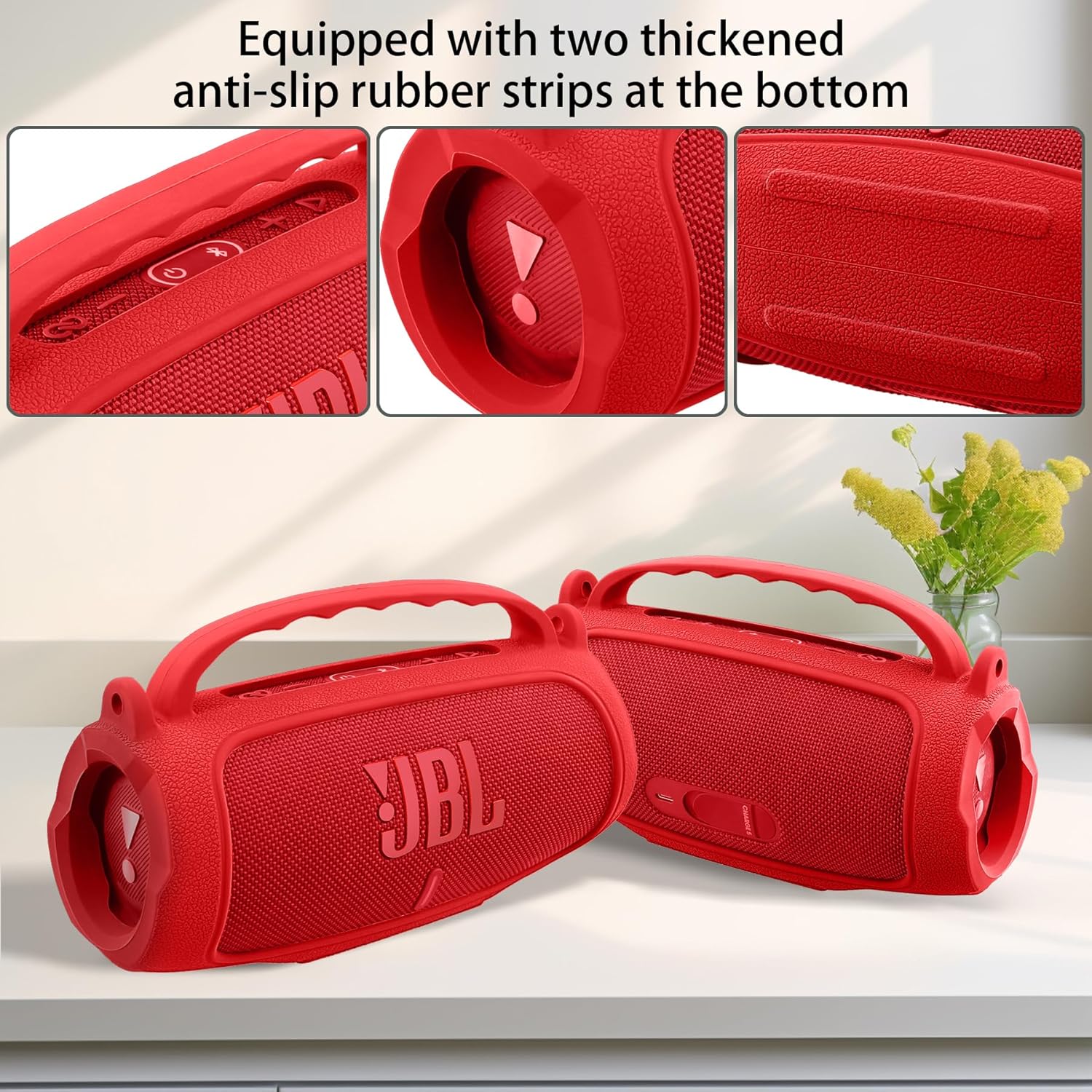 co2CREA Silicone Case for JBL Charge 5 Portable Waterproof Bluetooth Speaker, Portable Travel Soft Cover with Shoulder Strap, Protective Skin Case (Red) - Image 3