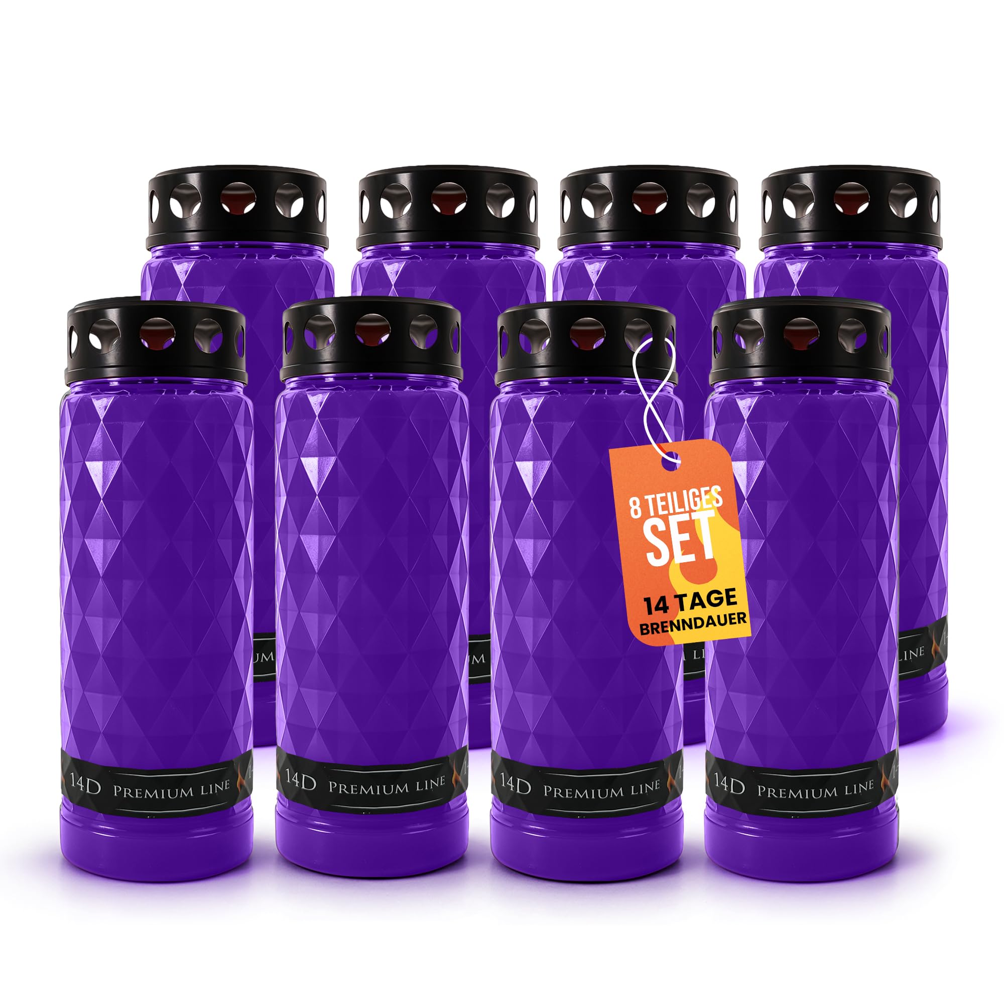 8x Grabkerzen mit 14 Tagen Brenndauer - windgeschützte Zweiwochenbrenner als Trauerkerze & Grablicht in Lila/Violett Gedenkkerzen mit Deckel & stabilem Stand für stilvolle Grabbeleuchtung