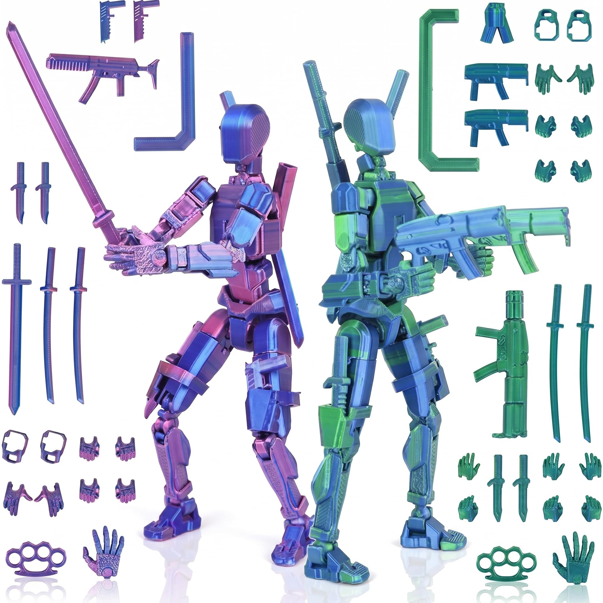 2 Pack T13 Action Figure Set,3D Printed Multi-Jointed Movable Robot Dummy Set,Desktop Display Figures, Multi-Jointed Posable Collectibles, DIY Pose Stand Titan 13 Action Figures (Purple+Blue)