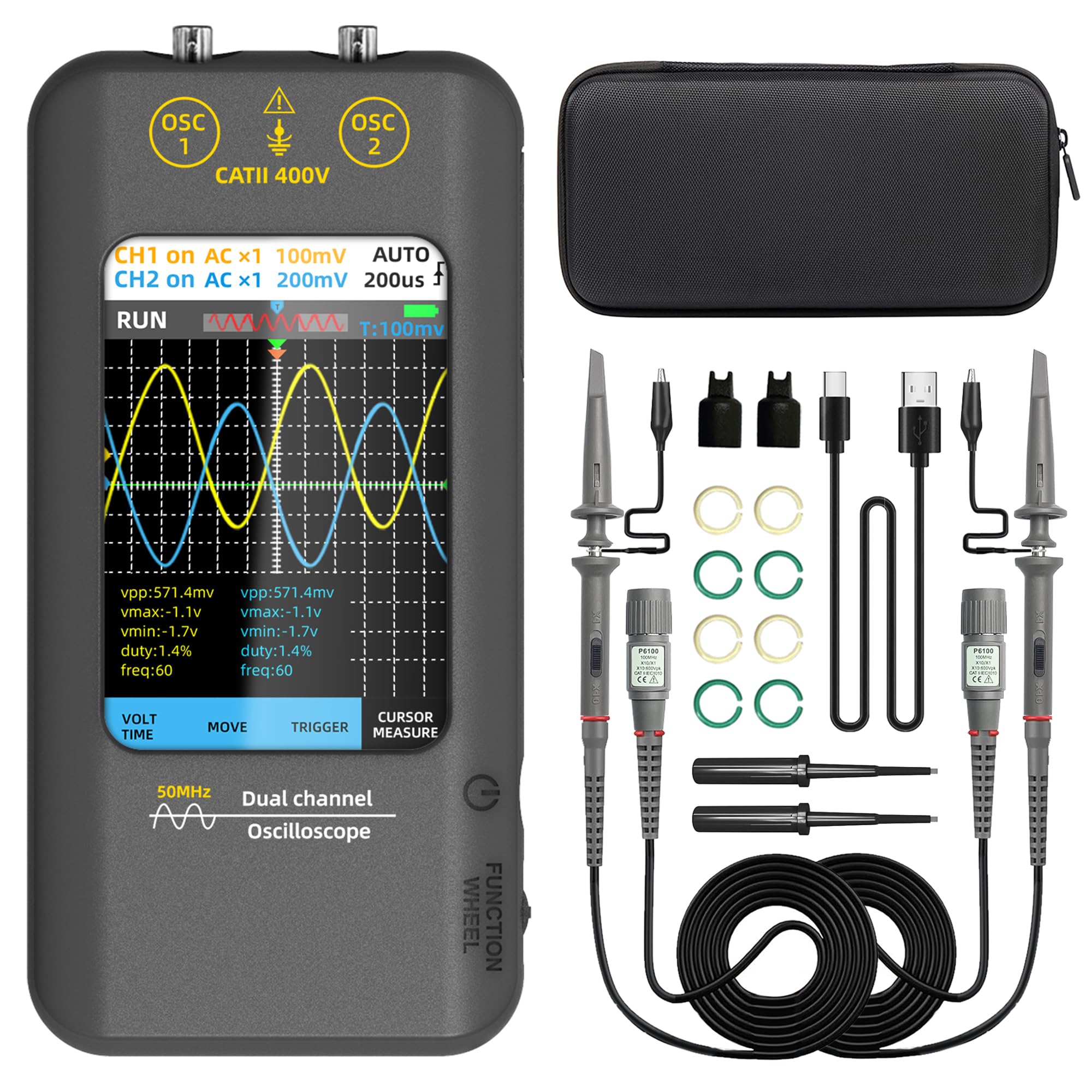 BSIDE Osciloscopio Digital Portátil 2 Canales 50MHz Osciloscopio de Bolsillo con Pantalla Táctil 3.98 Pulgadas en Color Tester Osciloscopio Recargable Generador de Señales para Electricistas Coche