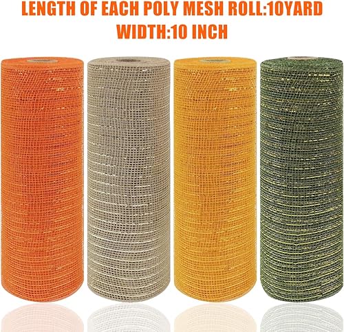 Miniatura 2 de Cieovo 4 rollos de cinta de malla de polietileno de Acción de Gracias, cinta de borde con alambre de otoño, 10 pulgadas x 30 pies, cinta de malla de