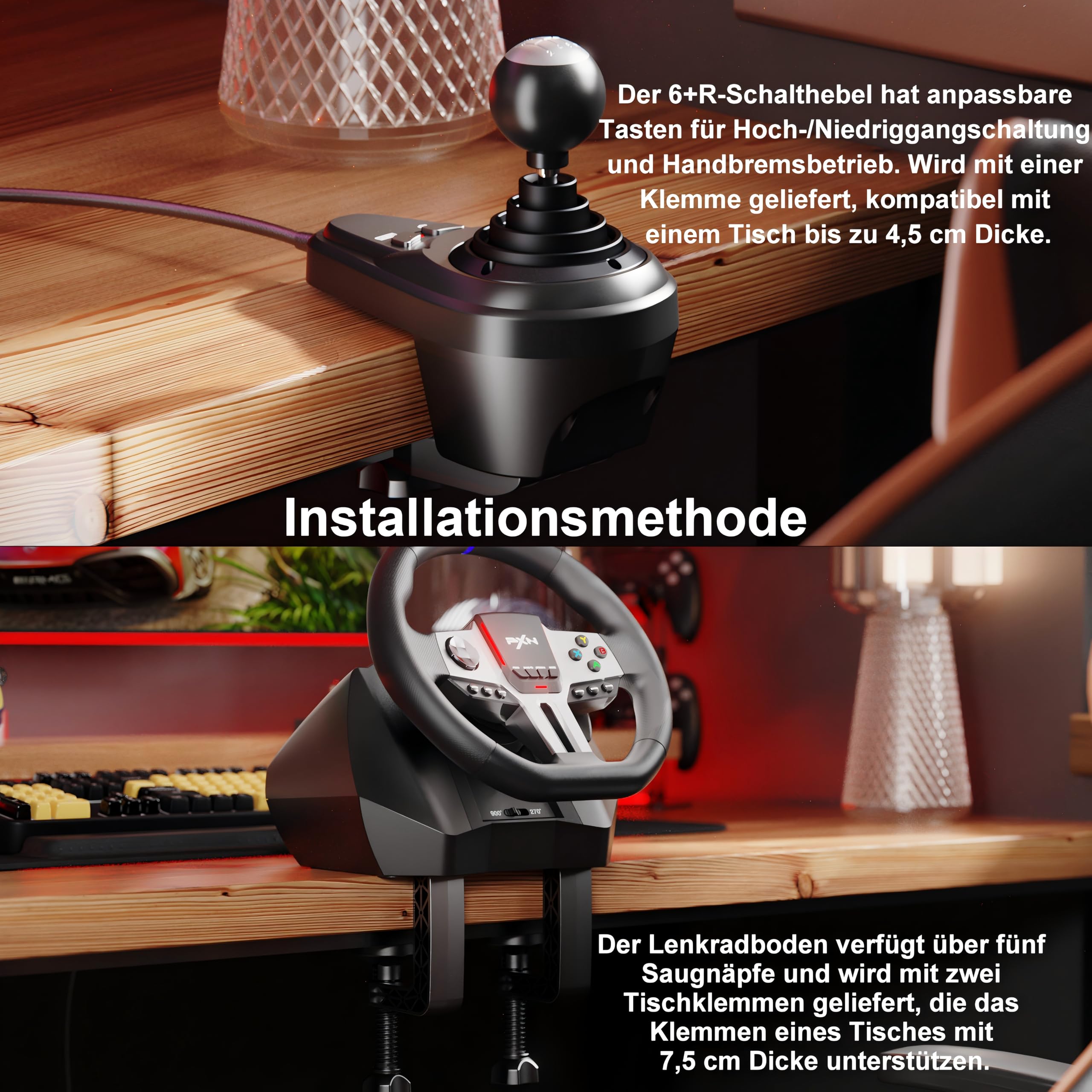PXN V9 GEN2 Lenkrad PC mit Pedalen und Schaltung, Gaming Lenkrad mit Schaltwippen, Halleffekt-Pedal, 6+R-Schaltung, APP, Lenkrad for PS4, PS3, PC, Xbox Series X/S, Xbox One