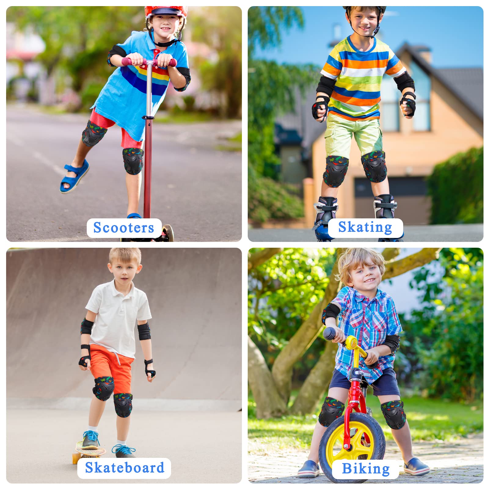 FIODAY Rodilleras para niños, coderas de dinosaurio, muñequeras con bolsa de cordón, juego de equipo de protección ajustable 7 en 1, para niños, patinaje en línea, ciclismo, patineta, patineta,