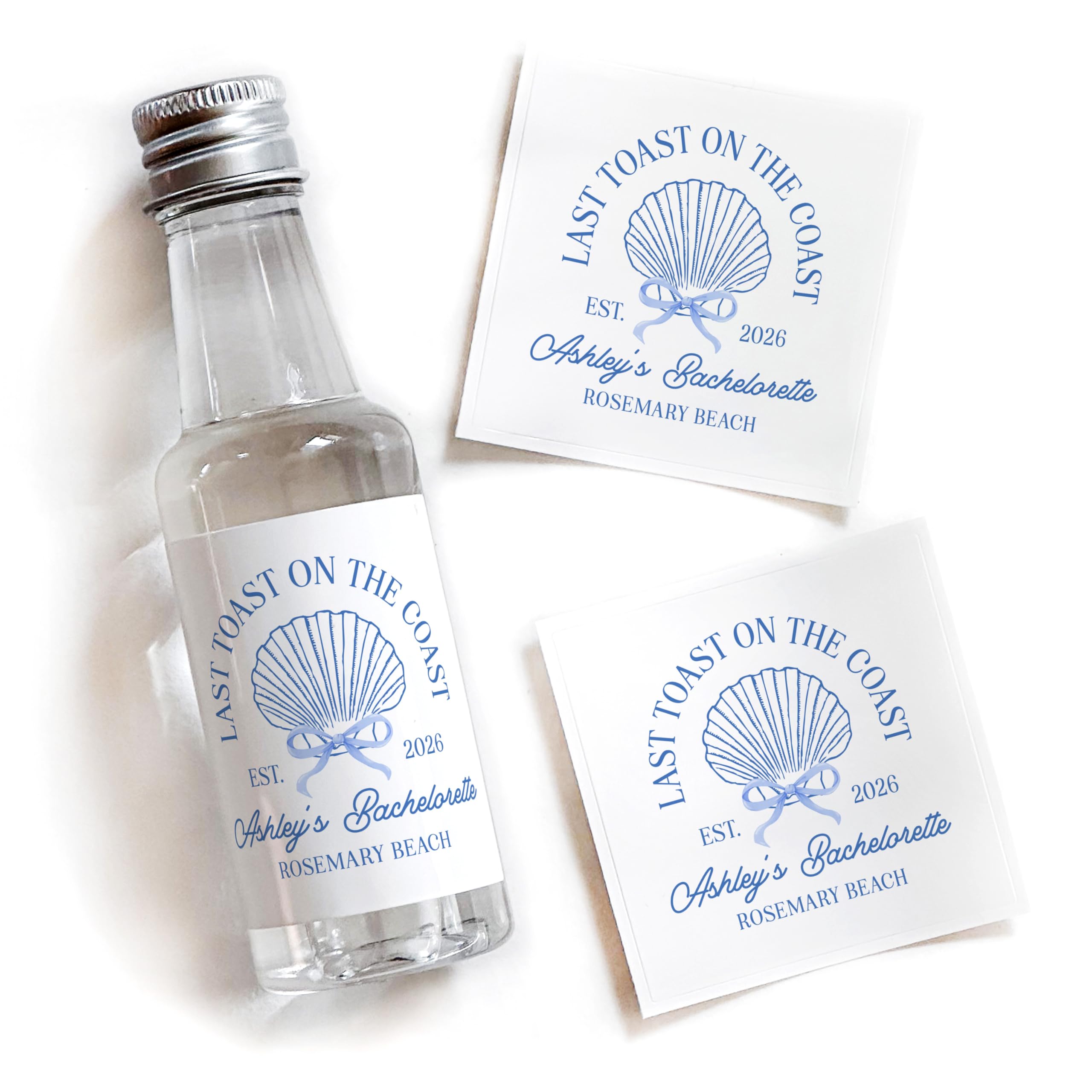 Last Toast on the Coast - 50 mL Bachelorette Liquor Labels - Coquette Coastal Bachelorette Party Favors - Beach Bach Gift Bag Idea - Blue Bow