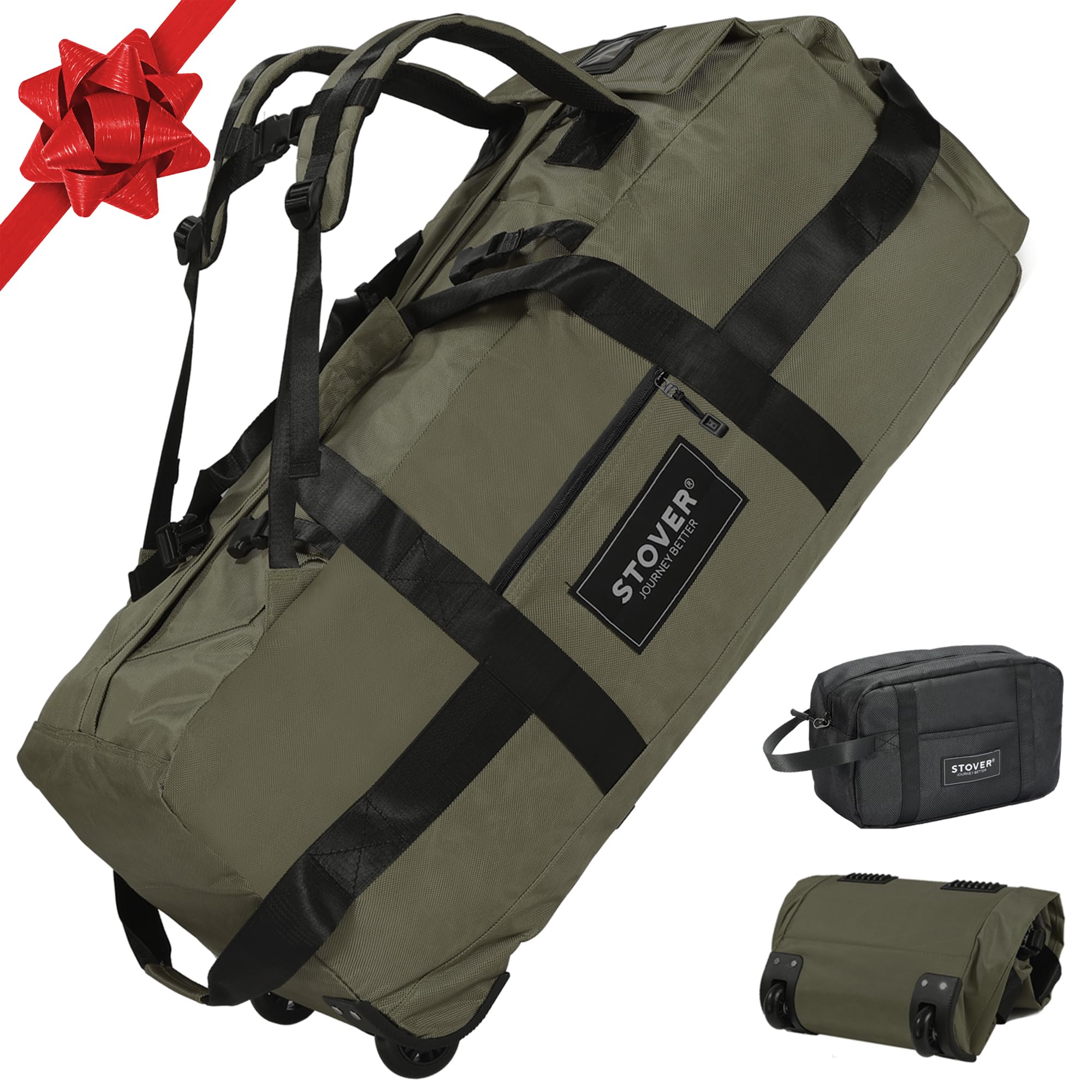 STOVER Rolling Duffel Bag with Wheels, Durable Travel Duffle + Toiletry Bag, Heavy Duty, Packable with Shoulder Straps- Use as Luggage or Backpack, Green, 80L