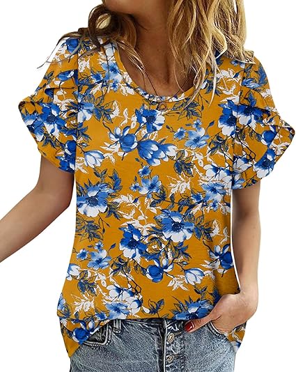 CRAZY GRID Women's Shirts Summer Casual Crewneck Ruffle Short Sleeve Blouses Cute Floral Print Tunic Tops
