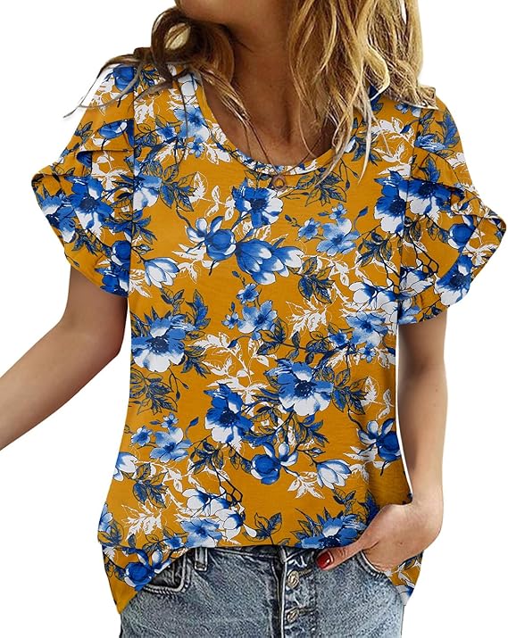 CRAZY GRID Women's Shirts Summer Casual Crewneck Ruffle Short Sleeve Blouses Cute Floral Print Tunic Tops