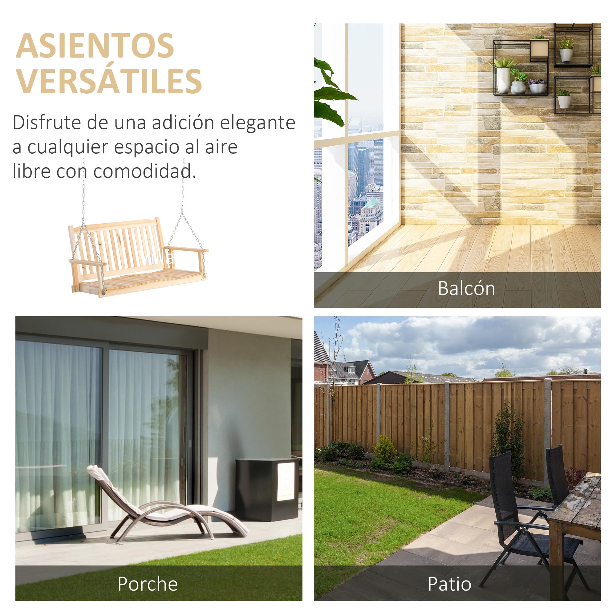 Outsunny Banco Columpio de Madera de 2 Plazas Banco Balancín Colgante con Reposabrazos Cadenas Ajustables y Diseño Listones Carga 200 kg para Jardín Terraza Balcón 117x69x60 cm Natural