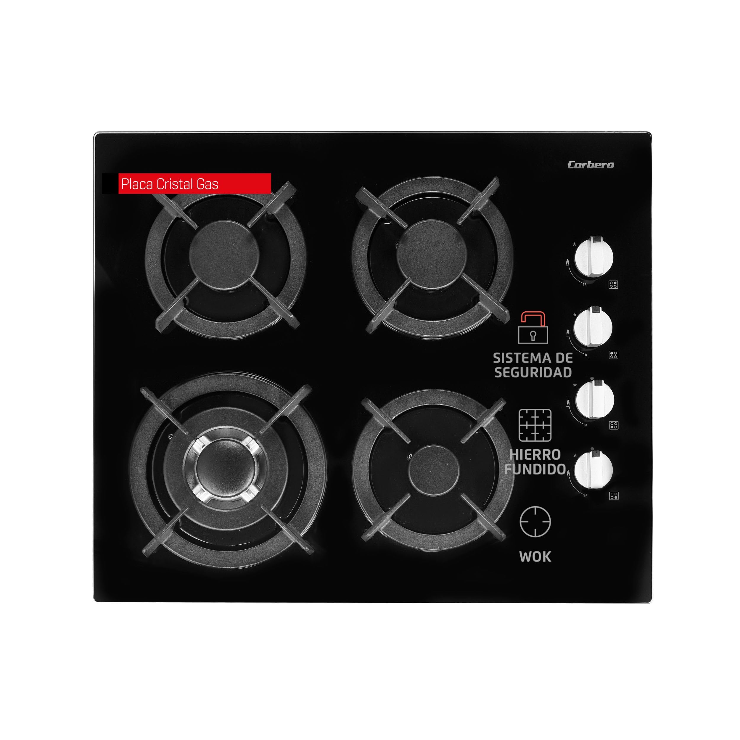 Corberó - Placa Cristal Gas | CPCGY2304N | 7,8 kW | 4 Fuegos | Zona Wok | Sin Autoencendido | Desconexión Automática | Parrilla Hierro Fundido | Kit de conversión a gas natural | Negro