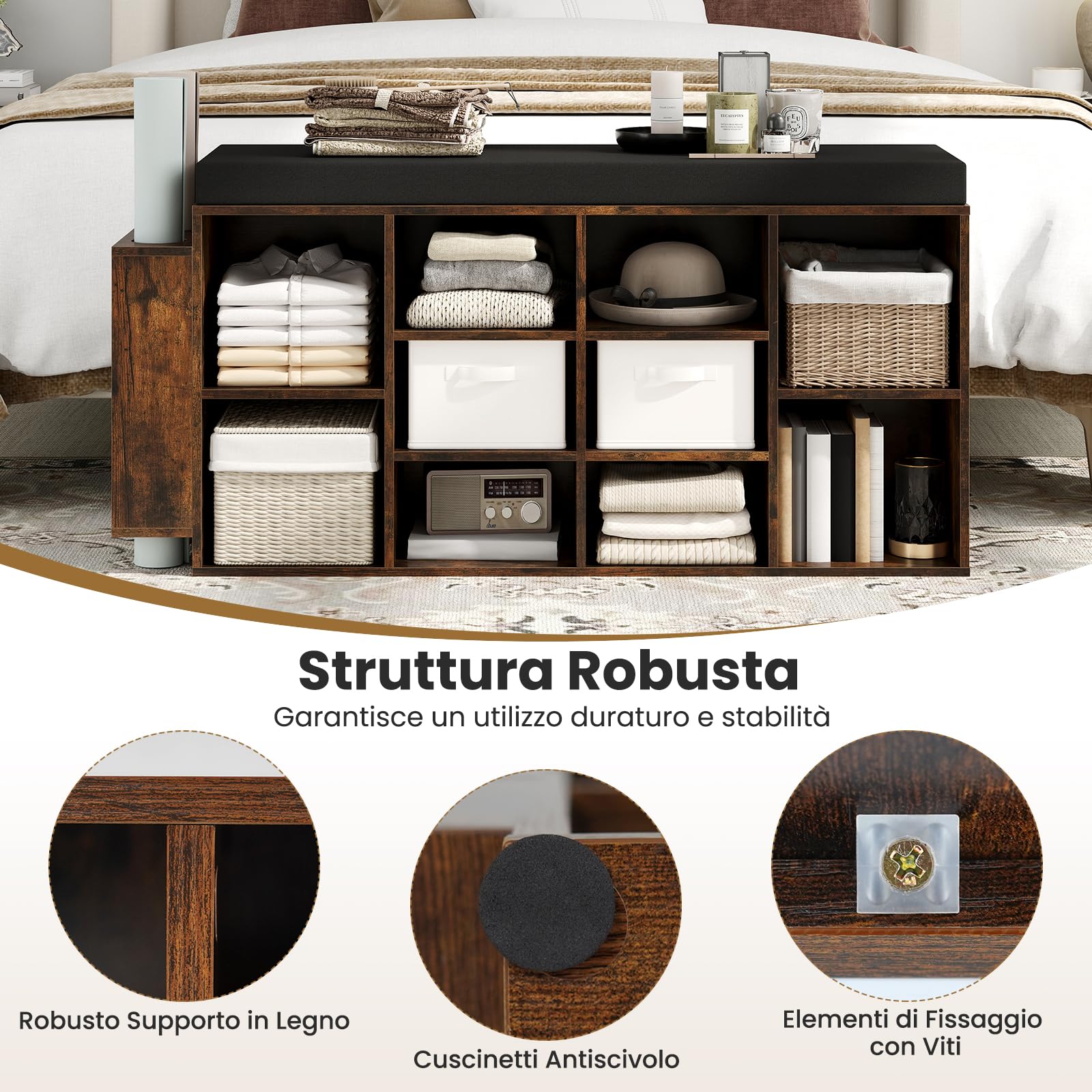 COSTWAY Panca Porta Scarpe con Portaombrelli, Scarpiera da Ingresso a 10 Scomparti con Seduta Imbottita, Ripiani Regolabili e Removibili per Corridoio, Soggiorno e Camera da Letto (Marrone)