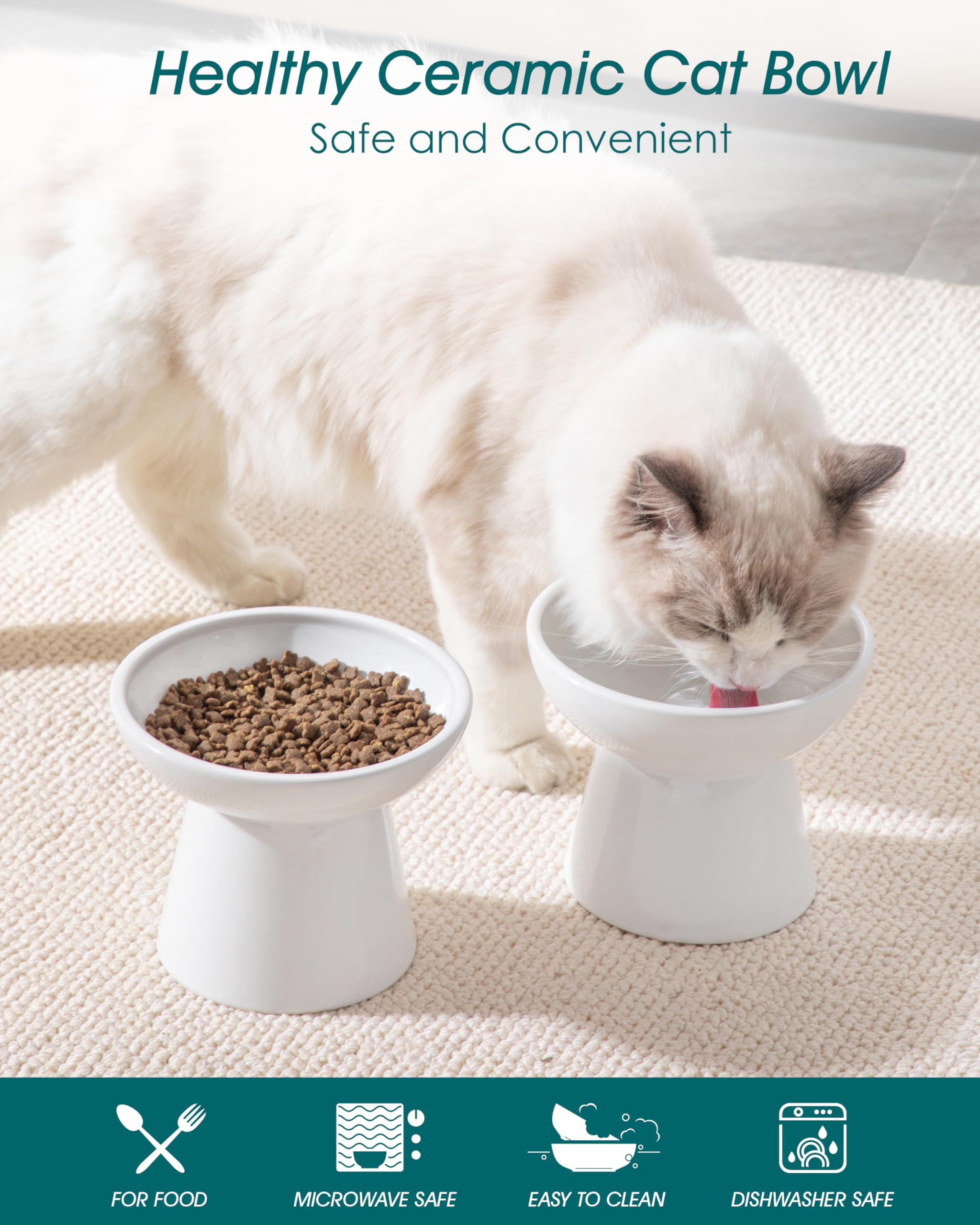 vancasso Ciotole per gatti rialzate, in ceramica, rialzate per cibo e acqua, 15,7 cm, extra larga e poco profonda, per gattini, gatti adulti, cani di piccola taglia, affaticamento dei baffi, senza