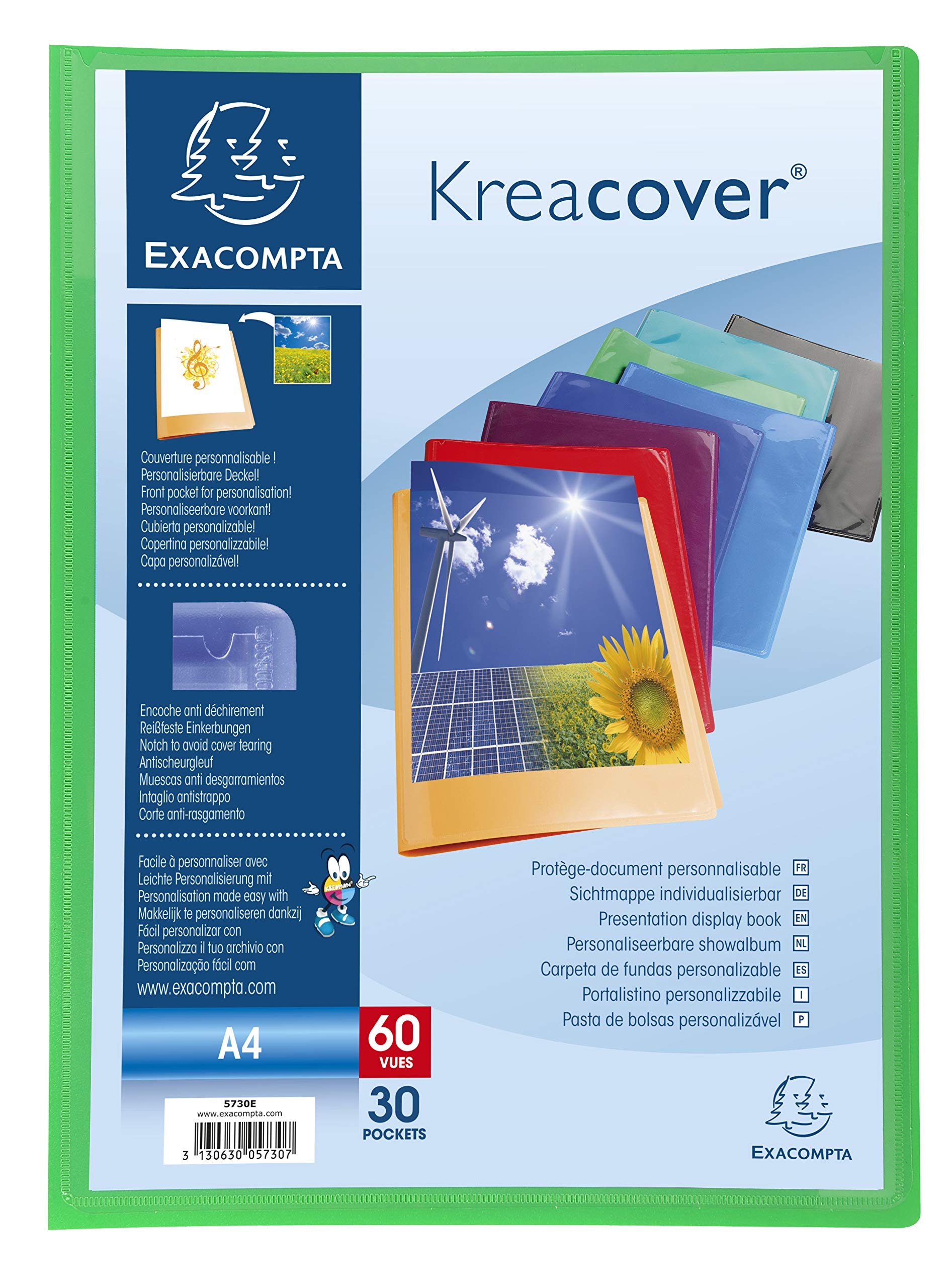 Exacompta 5730E 12er Pack Sichtmappe KeaCover aus Kunststoff DIN A4 mit 30 Klarsichthüllen, 60 Sichten, perfekt für die Schule und das Büro Aktenhülle, Prospekthülle, farbig sortiert