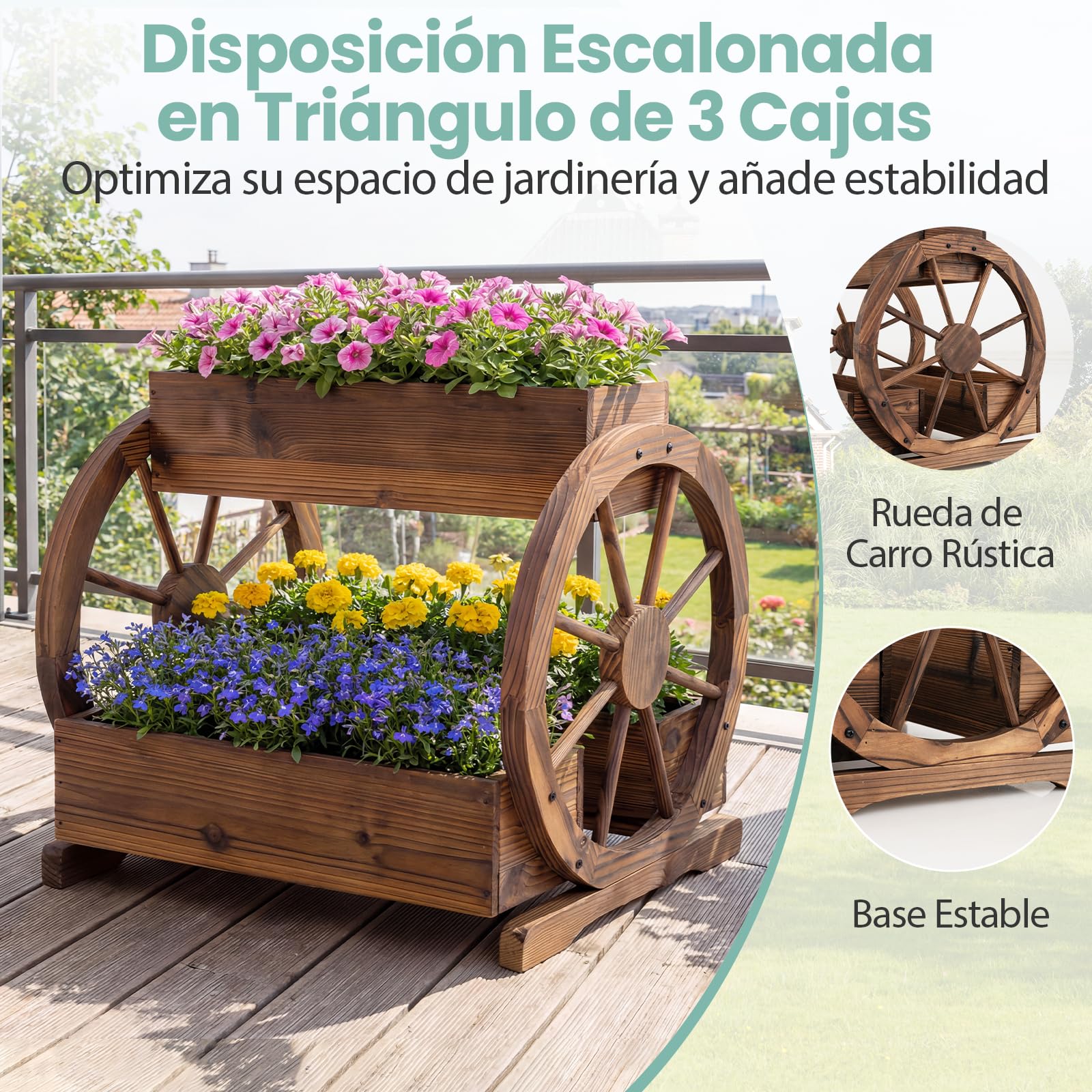 COSTWAY Cama de Jardín Elevada de 2 Niveles, Macetero de Madera Decorativo con 3 Cajas de Cultivo, Orificios de Drenaje y Ruedas, Maceta para Flores, Verduras Hierbas, Exterior e Interior