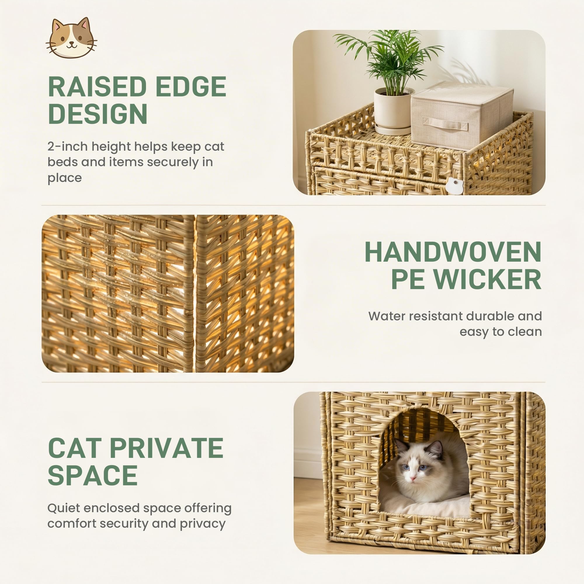 Cat Litter Box Furniture, Rattan Litter Box Enclosure Cabinet for Indoor Cats, Ventilated Covered Litter Box House, Decorative Litter Box Hider with Mat - image 3