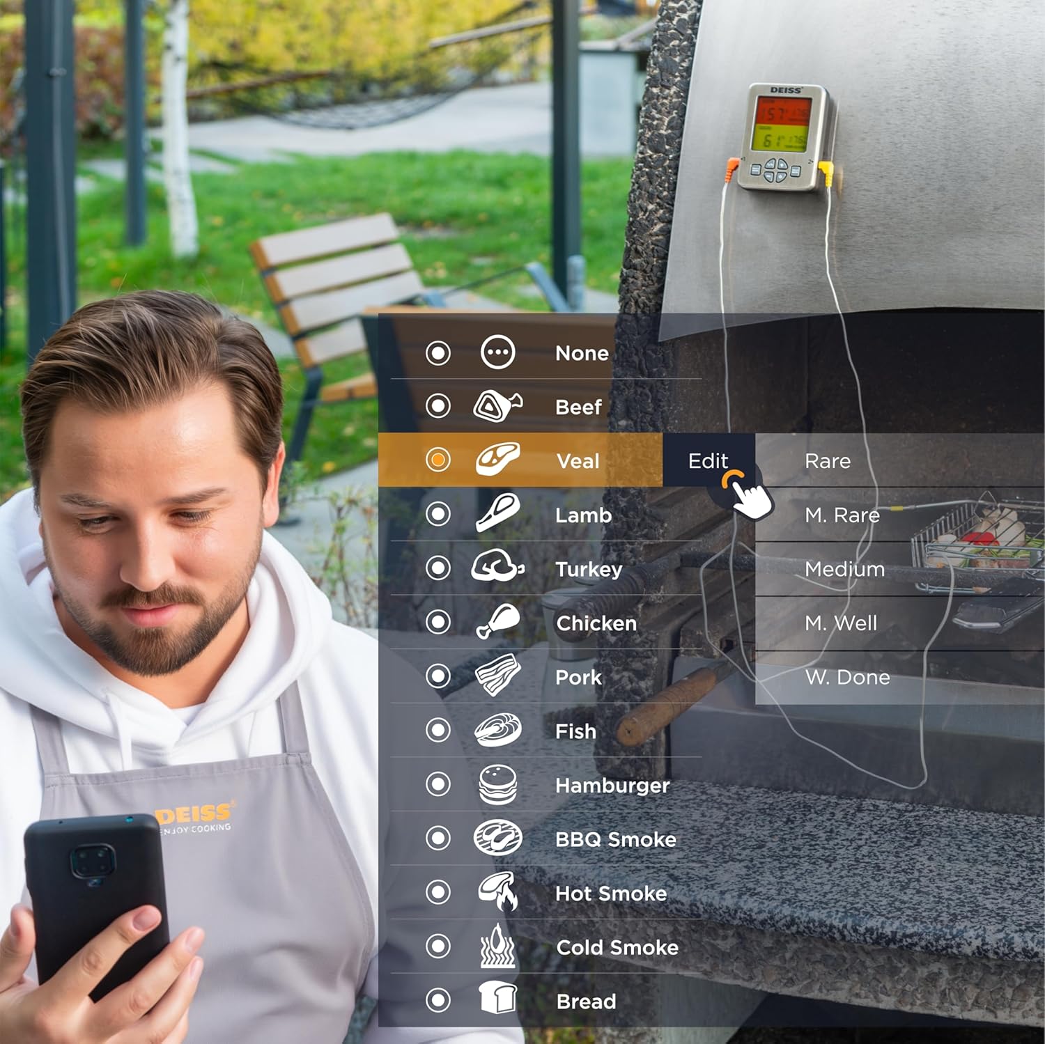 A person using the Deiss Thermo app on a smartphone to select a food type and doneness level for cooking.