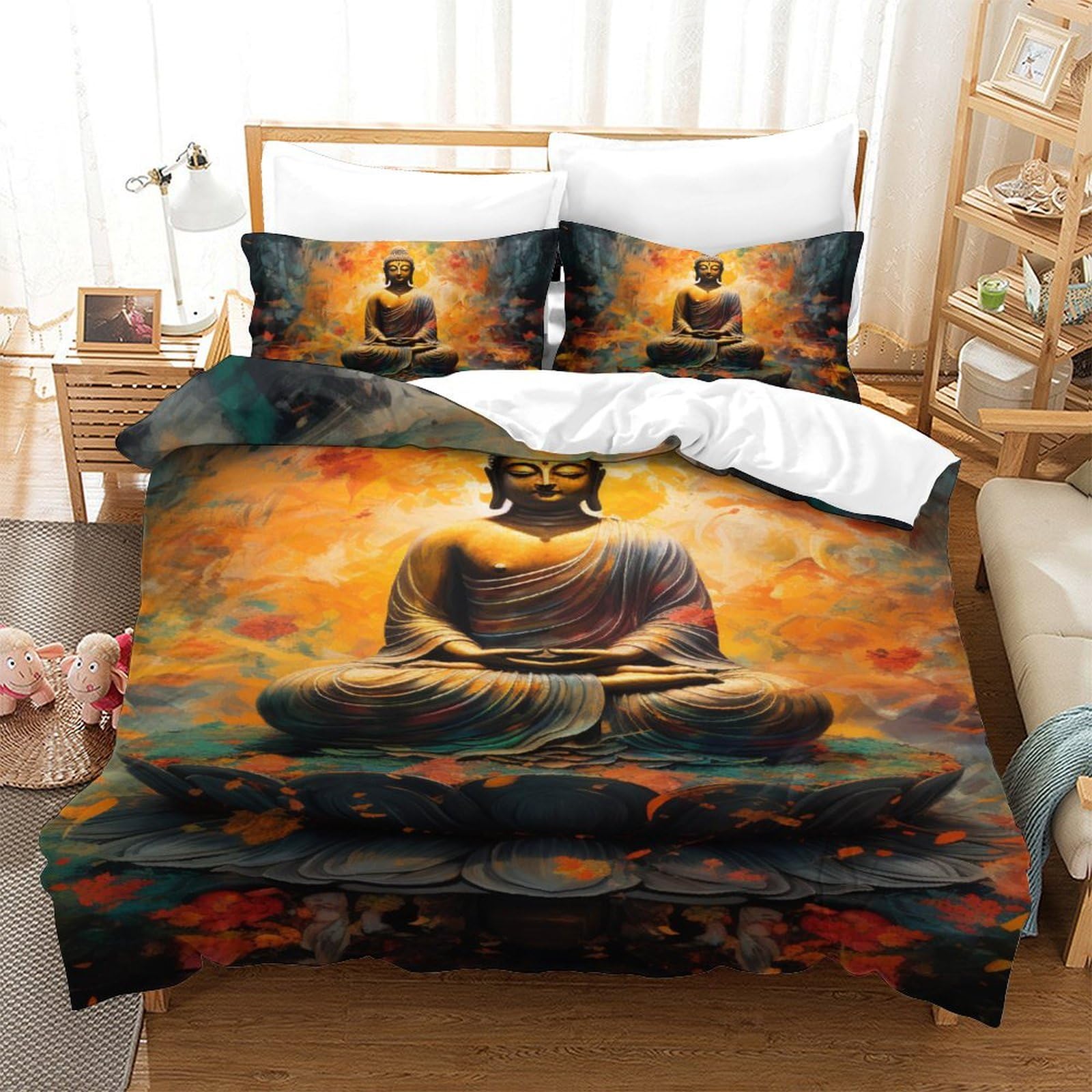 Housse de couette Bouddha 140x200 microfibre avec 2 taies d'oreiller pour lit simple