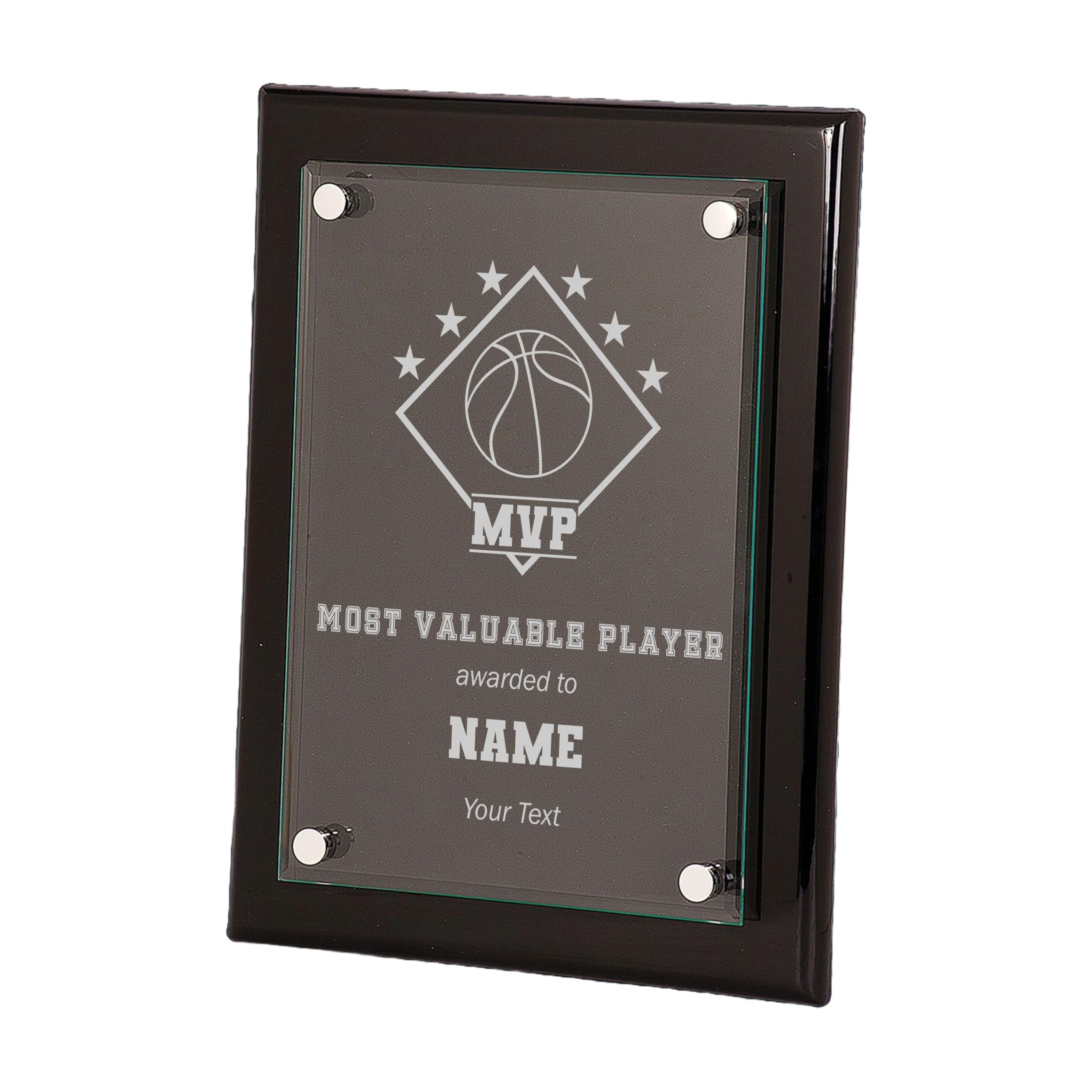EliteAwards Custom Sports MVP Award Plaque for Basketball Player with Personalized Text Engraved 8x10 Floating Glass Plaque