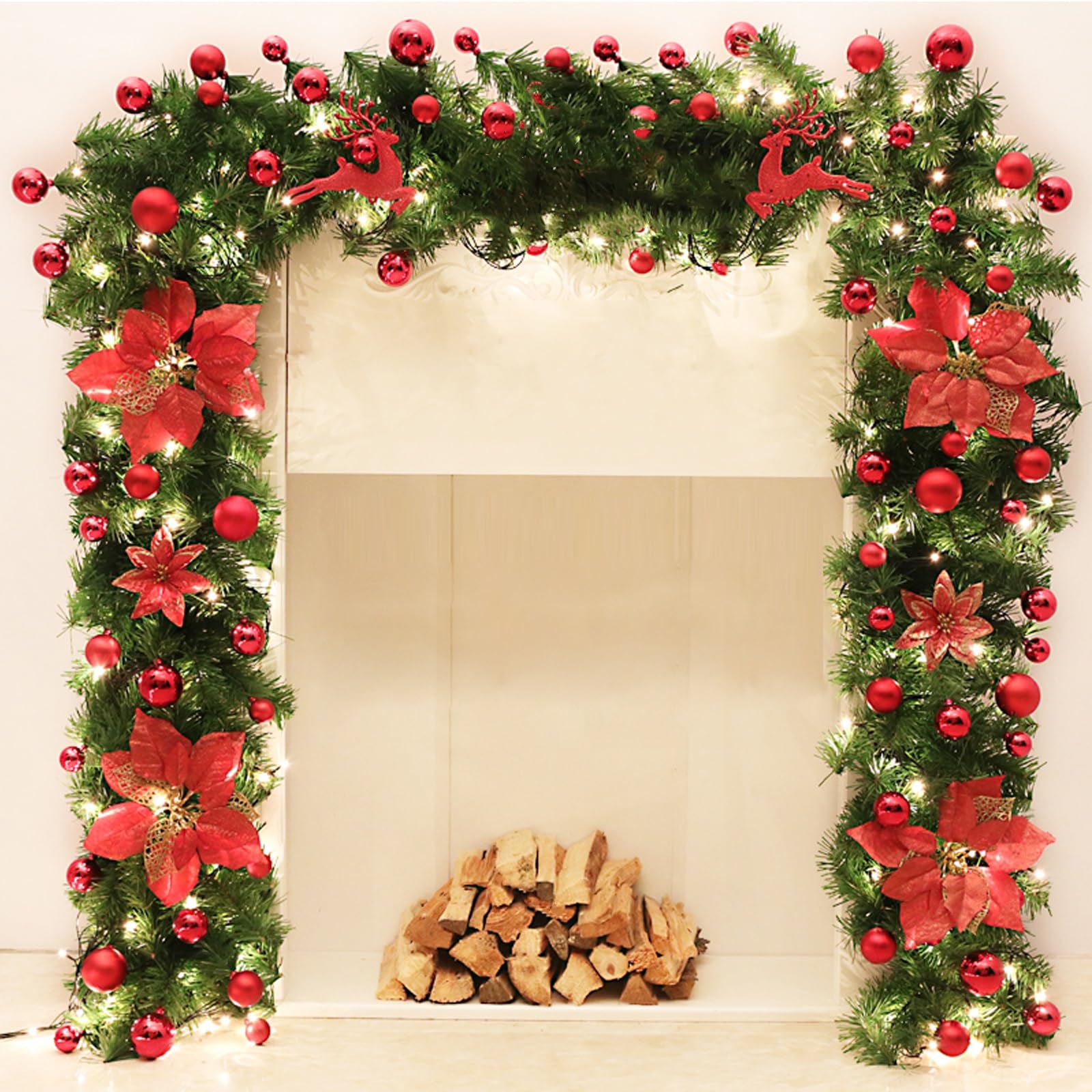 OPFdfhDFH Christmas wreaths, 9 FT Garlands for Decoration Christmas, Decorated with Flower, Balls, Home Garden Artificial Greenery, or Wedding Party(Red)