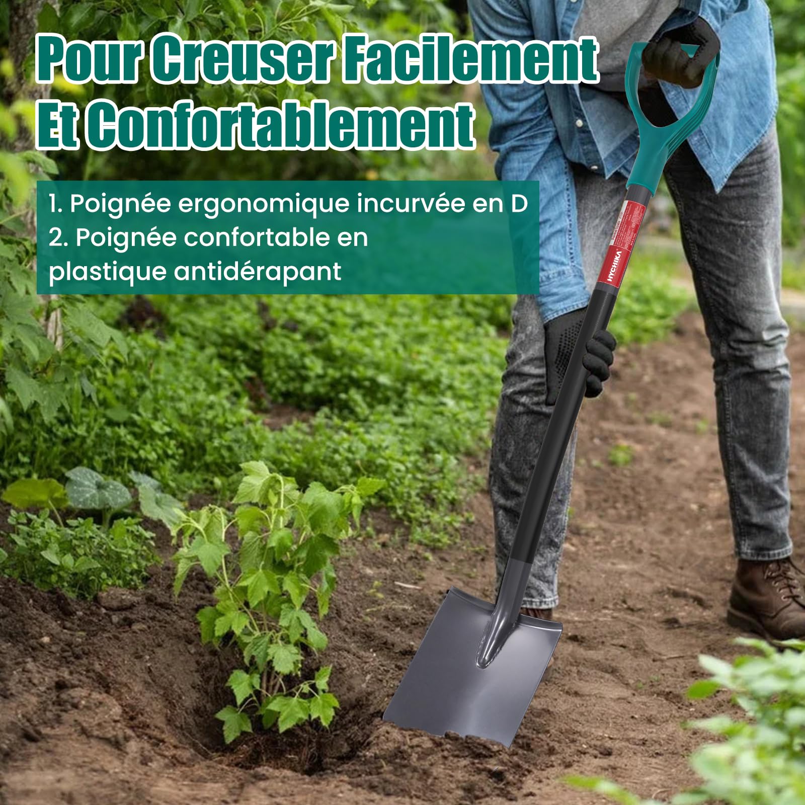 HYCHIKA Pelle Jardinage, Pelle de Jardin, Beche Jardinage, Acier Trempé de Haute Qualité, Poignée Ergonomique, Poignée en D, pour Jardin, Creuser, Construction, Transplantation