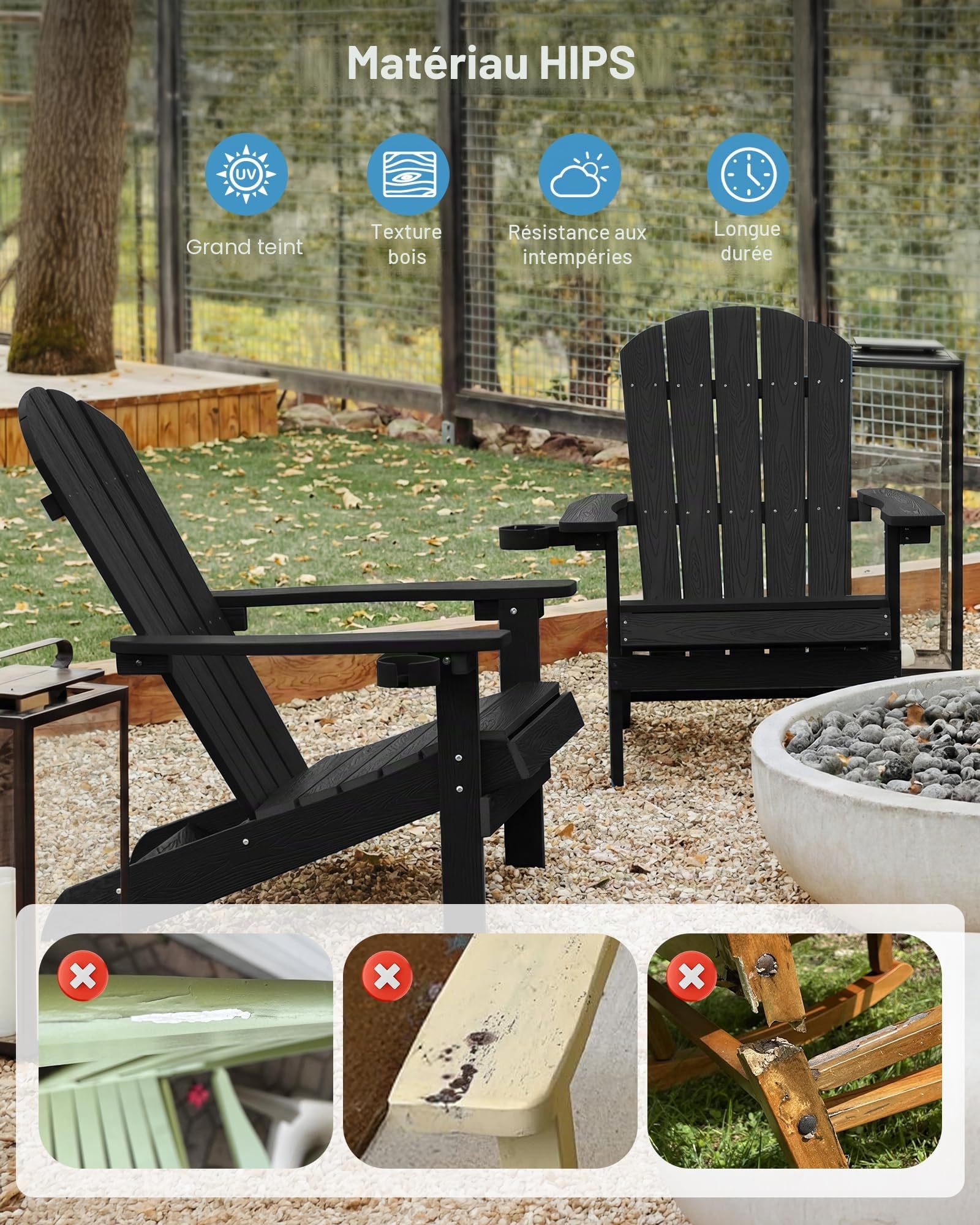 MXIMU Adirondack Chaise d'extérieur pour Jardin : Dossier Ergonomique Confortable et Durable avec Porte-gobelet – Chaises Adirondack Toutes Saisons pour terrasse/Foyer/Camping/Piscine