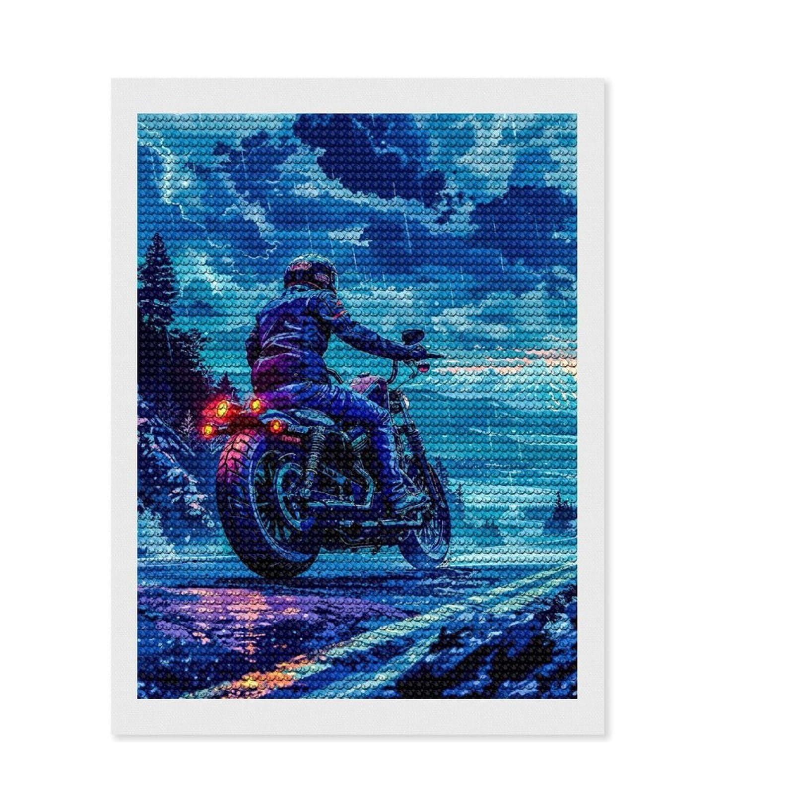 Junmoney Motorcycle Ride in The Rain Round Drill Diamond Painting 12"x16", Decorate Your Room, Sparkling Round Gems, Adhesive Canvas, Bedroom Decor