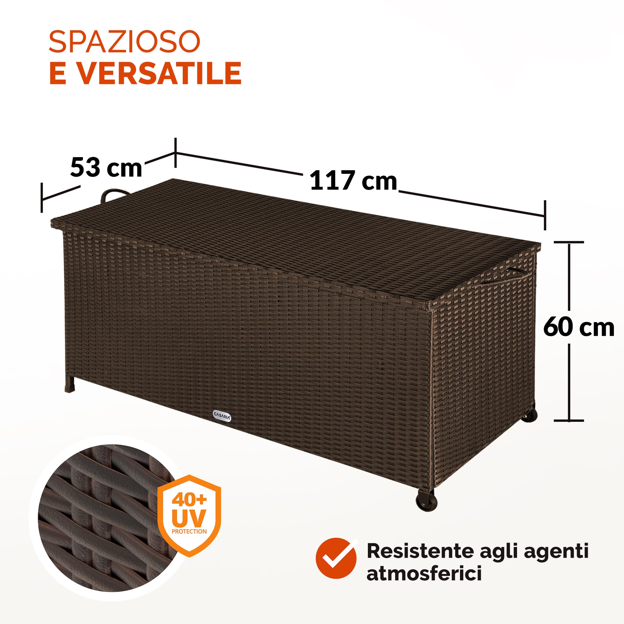 Casaria® Baule da Esterno XXL 117x53x60cm 270L Box con Ruote Impermeabile Resistente Cassettone Contenitore Cuscini Giocatoli Mobili Giardino Bauli