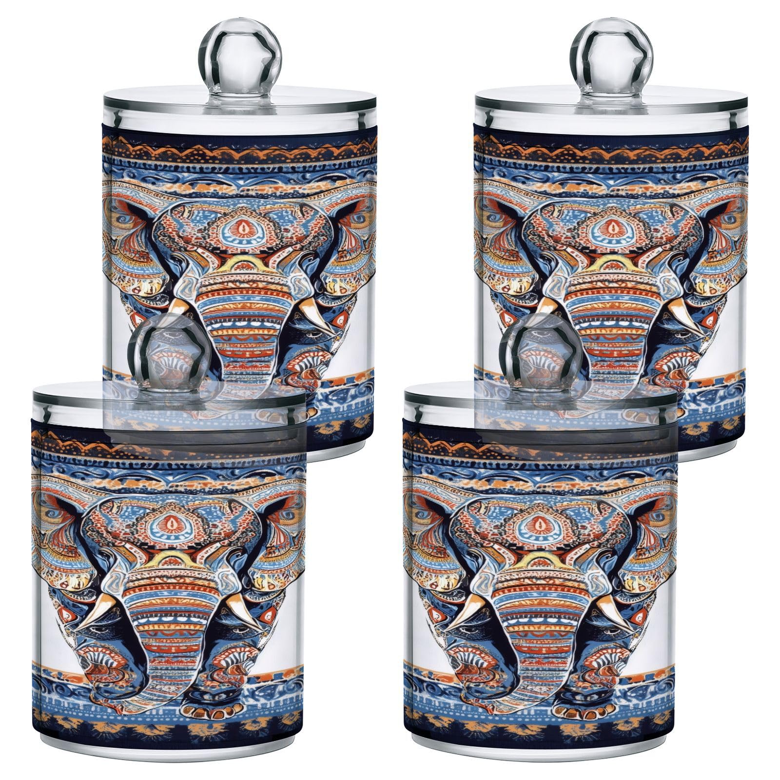 Haskirky 2 Pack Aztec Elephant Qtip Holder Dispenser,Clear Plastic Apothecary Jars with Lids Home Decor Kitchen Storage Jar for Cotton Ball, Cotton Swab,Floss,10 OZ