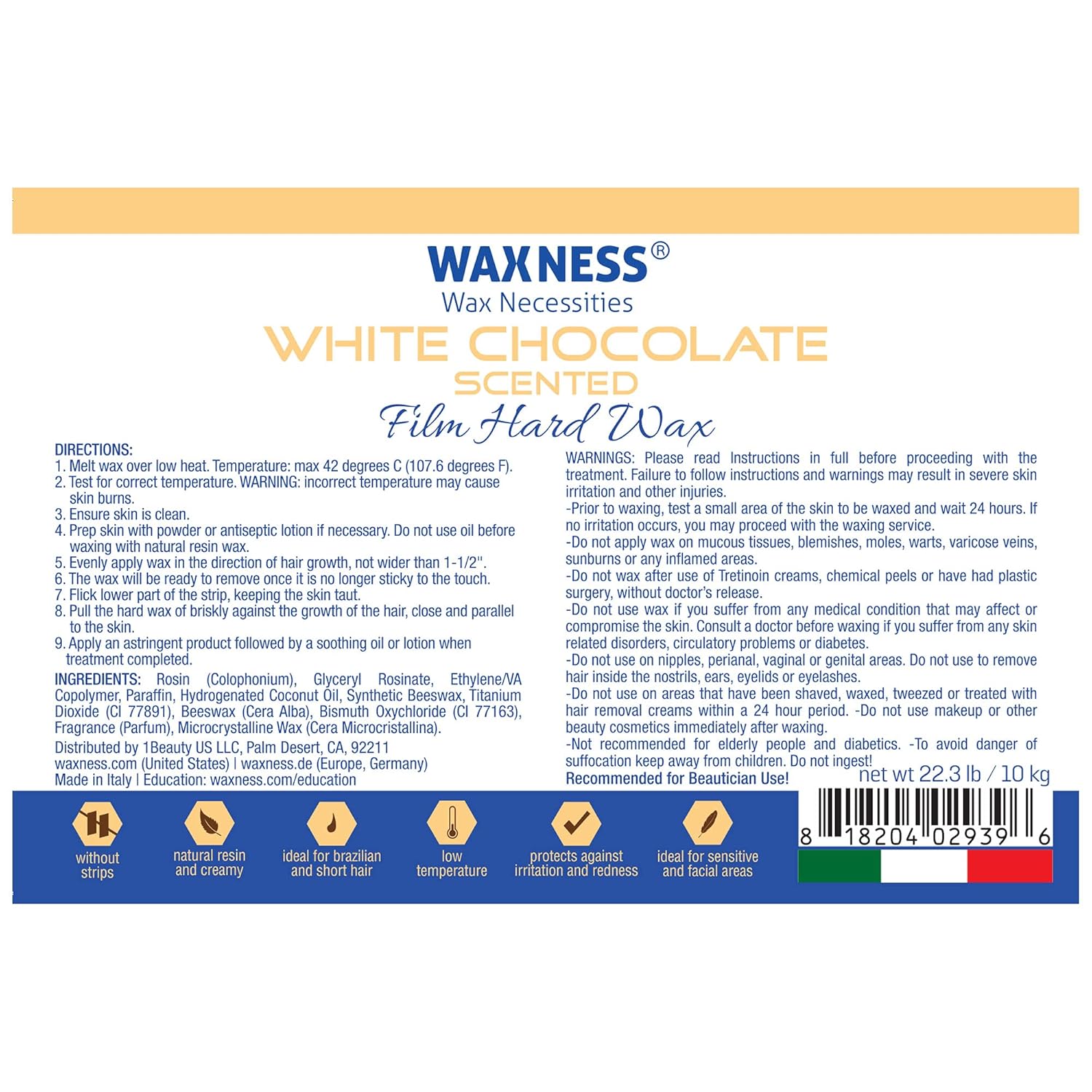 Waxness Film Hard Wax Beads White Chocolate 22 lb (10 kg) – Stripless Professional Hard Wax Bulk Size for Face & Body, Salon Use – Made in Italy