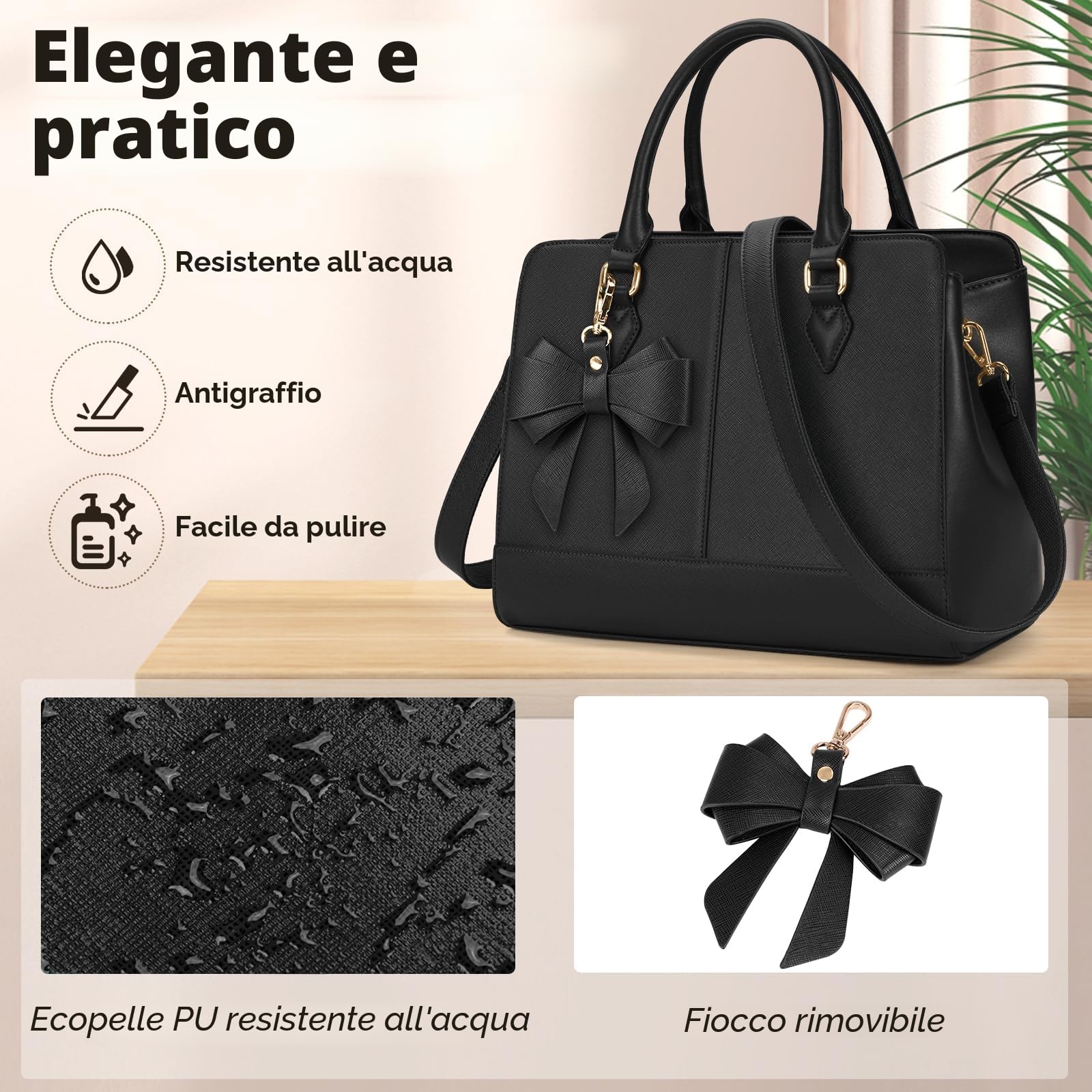 RAINSMORE Borsa a Mano Donna Media Pelle PU Borsa Lavoro Donna Borsetta a Spalla Borse Tracolla Ufficio Shopping Bag Tote Firmata 13 Pollici Nero