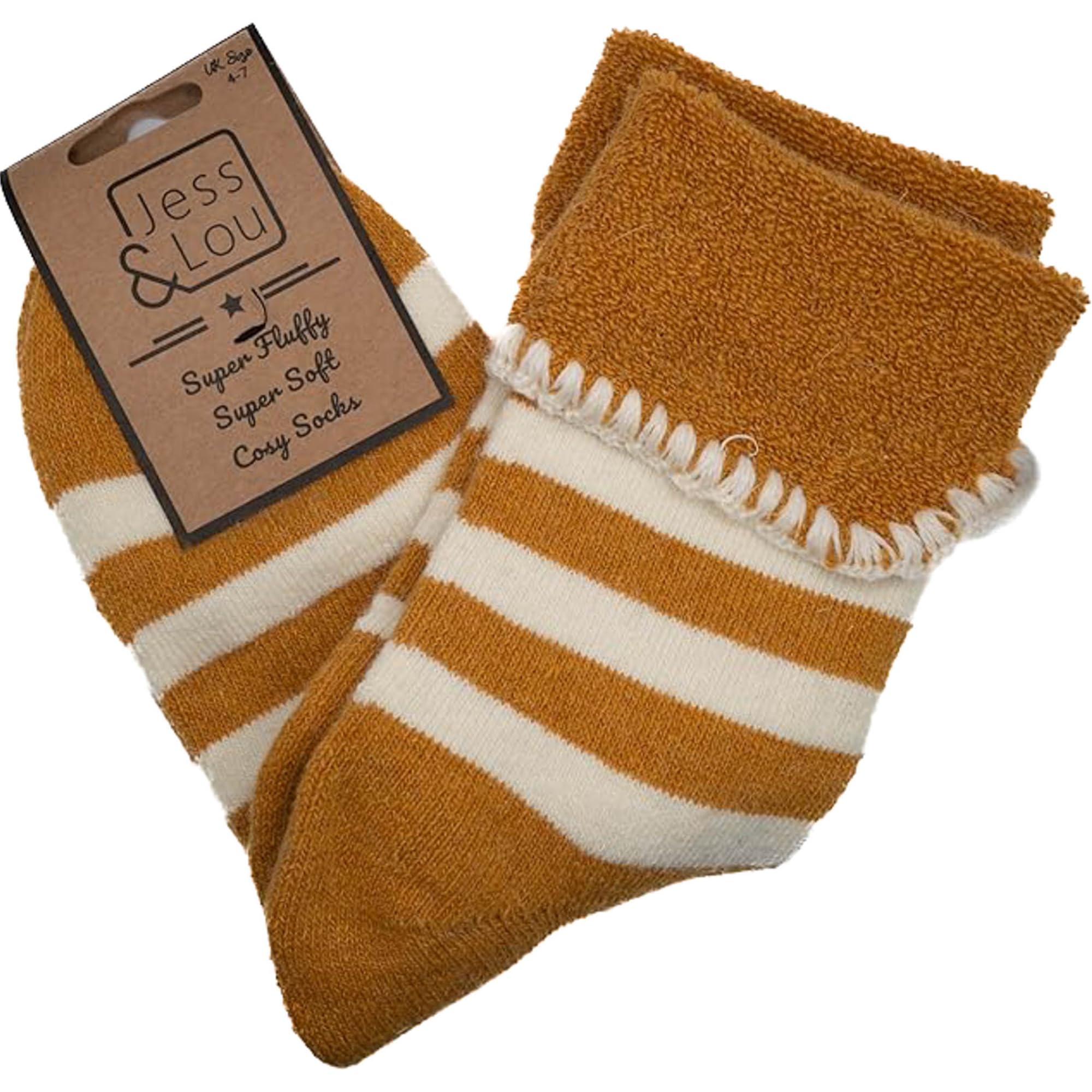 Jess & Lou Women's Yellow Socks - Cosy Cuffs - Gold And White Stripes