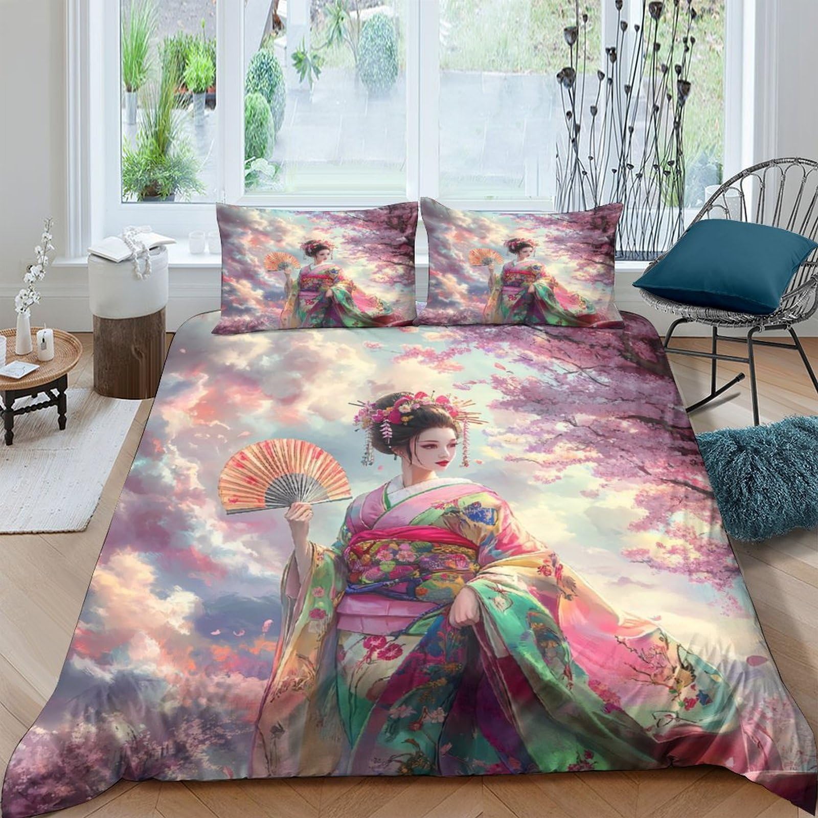 Ctjqhvkz Style-9 3D Printed Japanese Geisha Fitted Sheet Microfiber Elegant Artful Sakura Bed Cover For Bedroom Decor Protection Single（135X200cm）