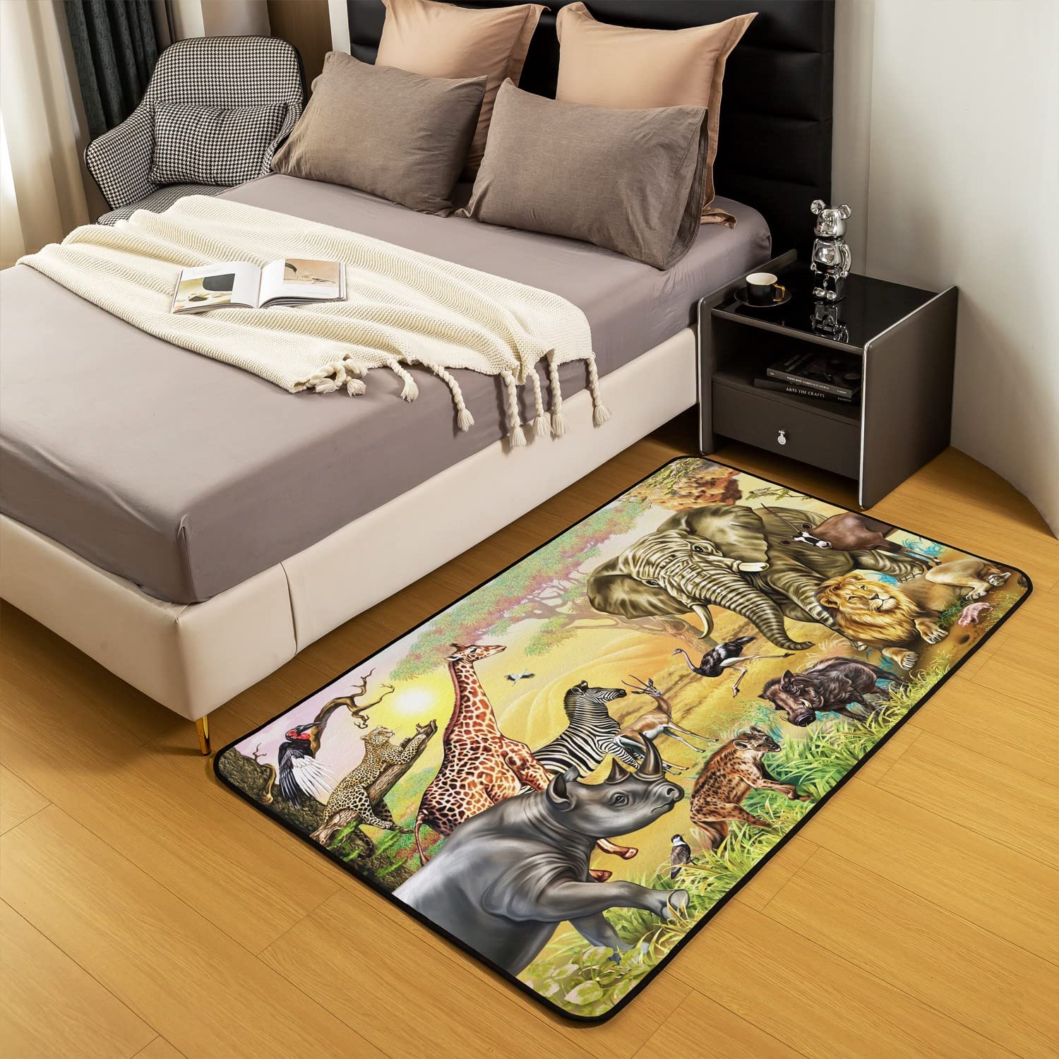 Dywanik z motywem lwa, 100 x 150 cm, słoń, zebra, żyrafa, afrykańskie zwierzęta safari, dywan dla dzieci, chłopców, dziewczynek, lampart nosorożec, dzika przyroda, zachód słońca, antypoślizgowy dywan