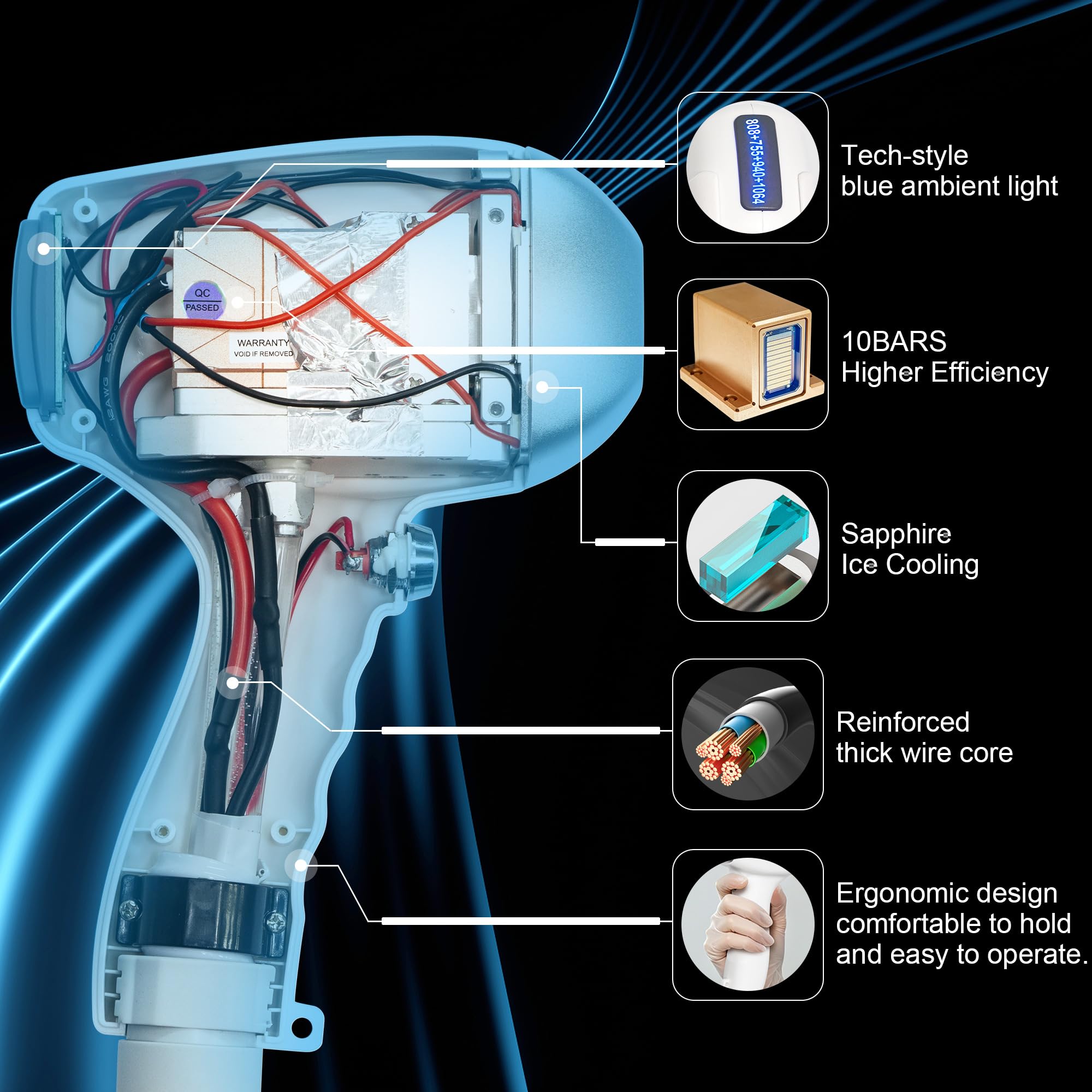 10 barre Apparecchio laser a diodi per la rimozione dei peli 755/808/940/1064 nm | Utilizzato per la depilazione di tutto il corpo sistema di raffreddamento del ghiaccio Casa e commerciale
