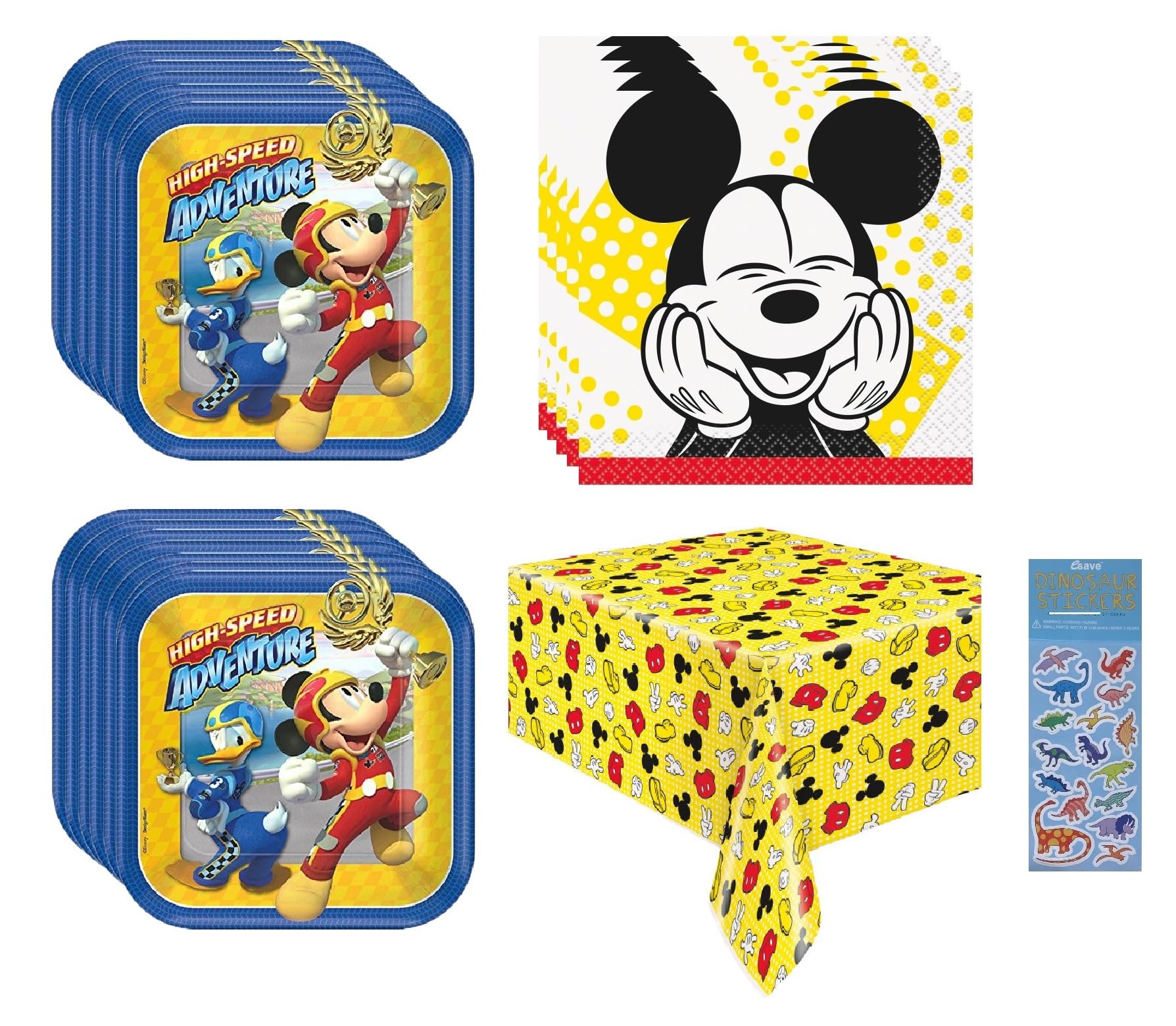 Amscan Mickey Mouse Roadster Party Supplies Bundle for 16 Guests - Includes 16 Paper Plates, 16 Paper Napkins, 1 Plastic Table Cover, 1 Dinosaur