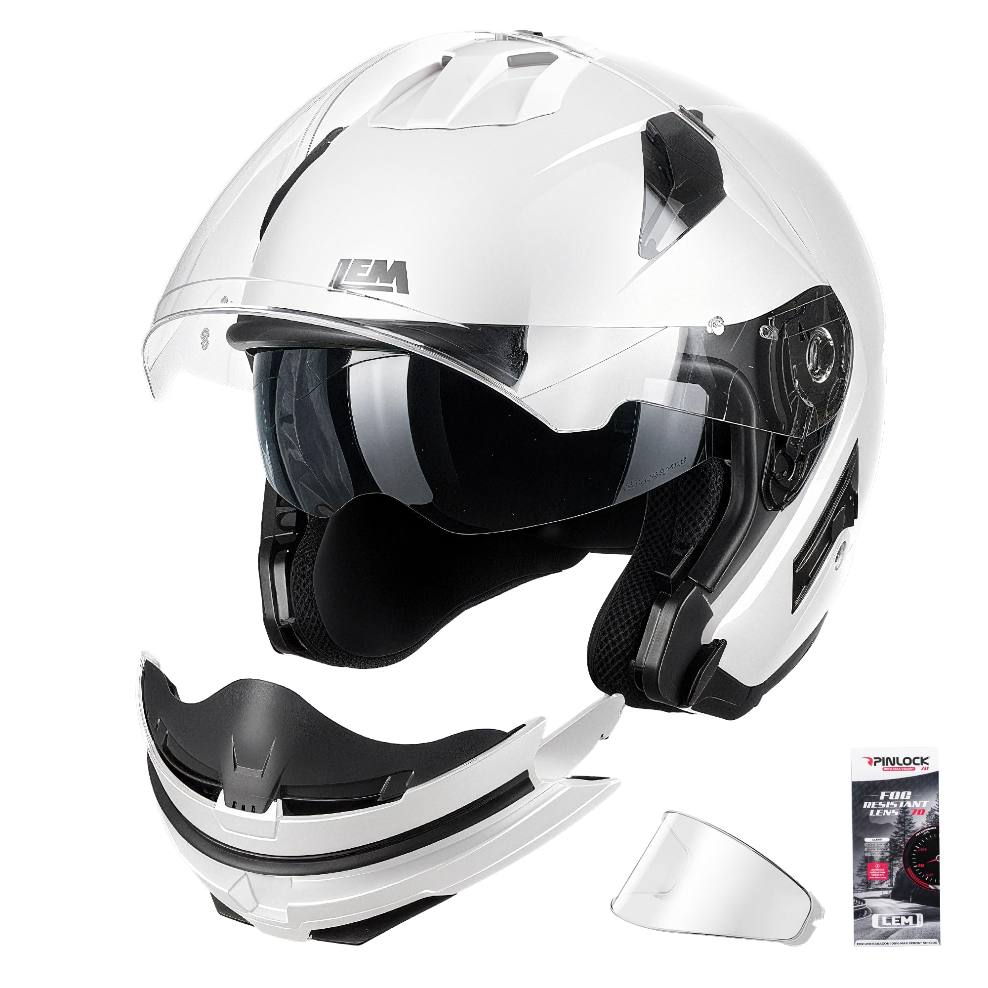 LEM Modular Motorcycle Helmets Full Face for Adults, Quick (White, Large) | Pinlock Anti-fog, Detachable Chin Guard, DVS Dual Vision, DOT Certified, Bluetooth Slot, Quick-Remove Liners, Multi-Vent